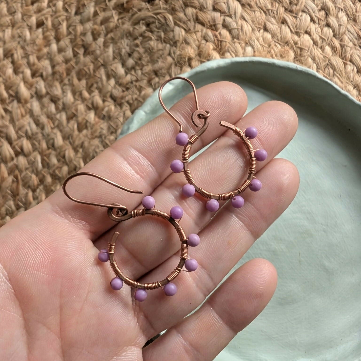 Hand wrapped Phosphosiderite & Copper Hoop Dangle Earrings