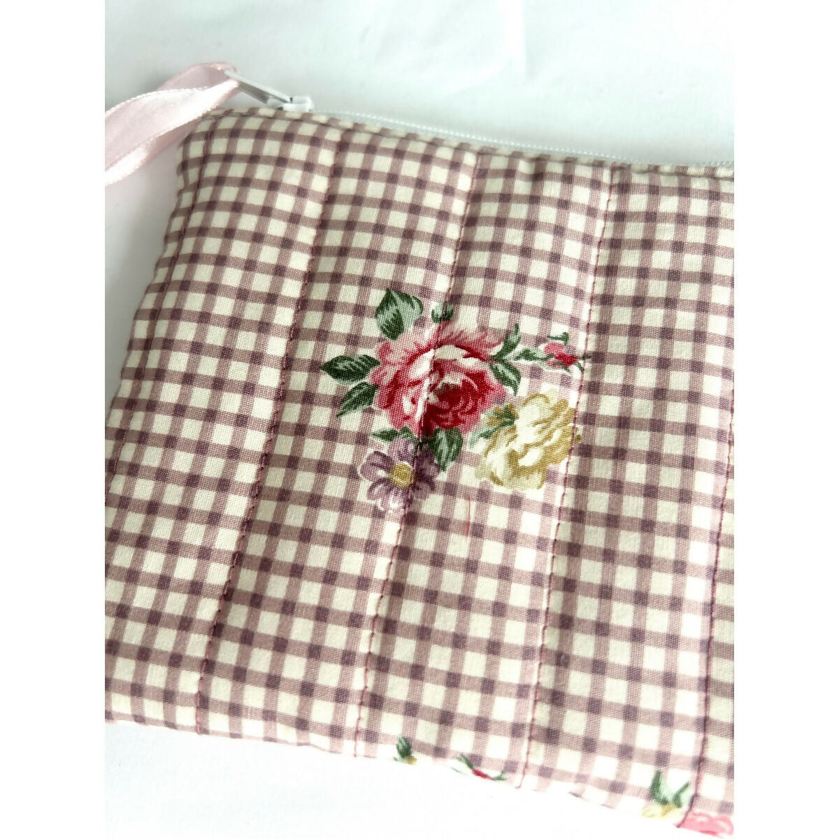Mauve Pink Gingham Floral Quilted Coin Purse / Card Holder