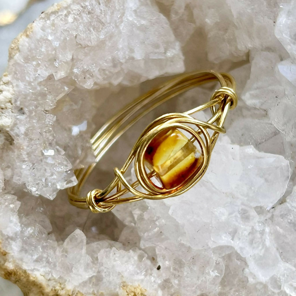 Handmade Gold Vermeil Wire Wrapped Amber Ring