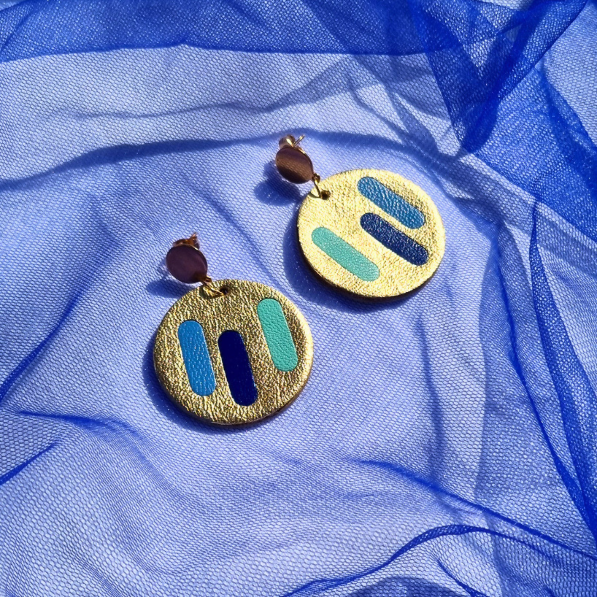 Abstract Gold Leather Disc Earrings Blue Lines
