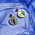 Abstract Gold Leather Disc Earrings Blue Lines