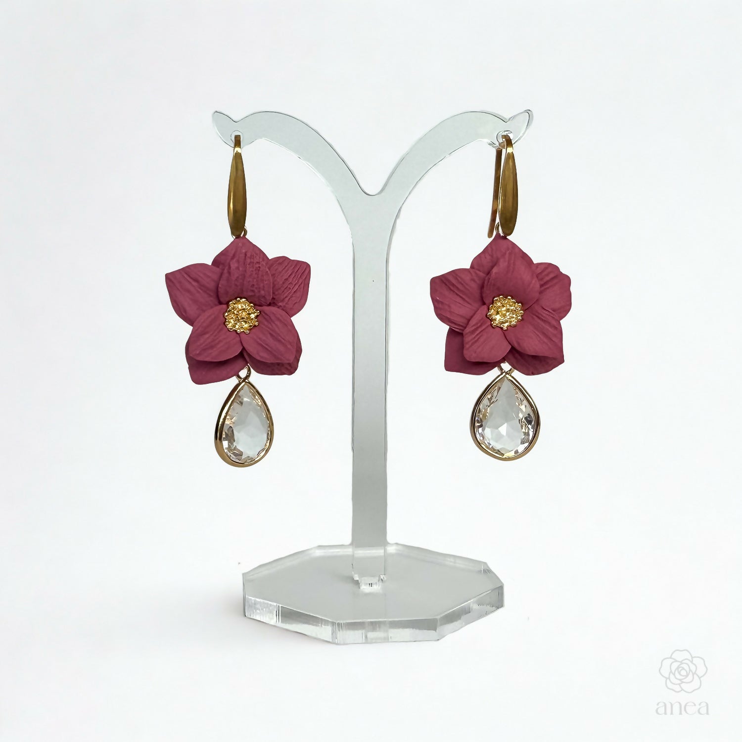 Rose Pink Flower Drop Earrings with Teardrop Crystal Detail