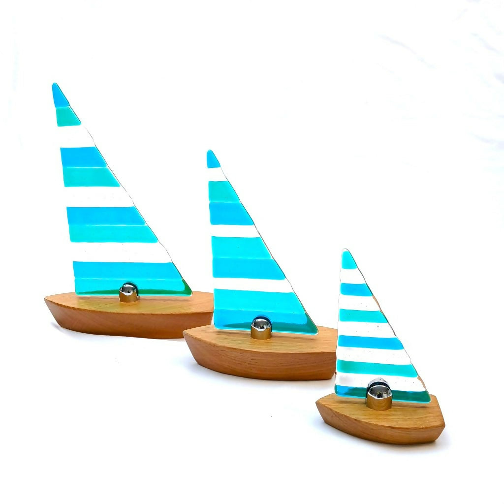 Emerald Green/Peacock Blue Fused Glass Sailing Boat On Solid Oak Base (Small)