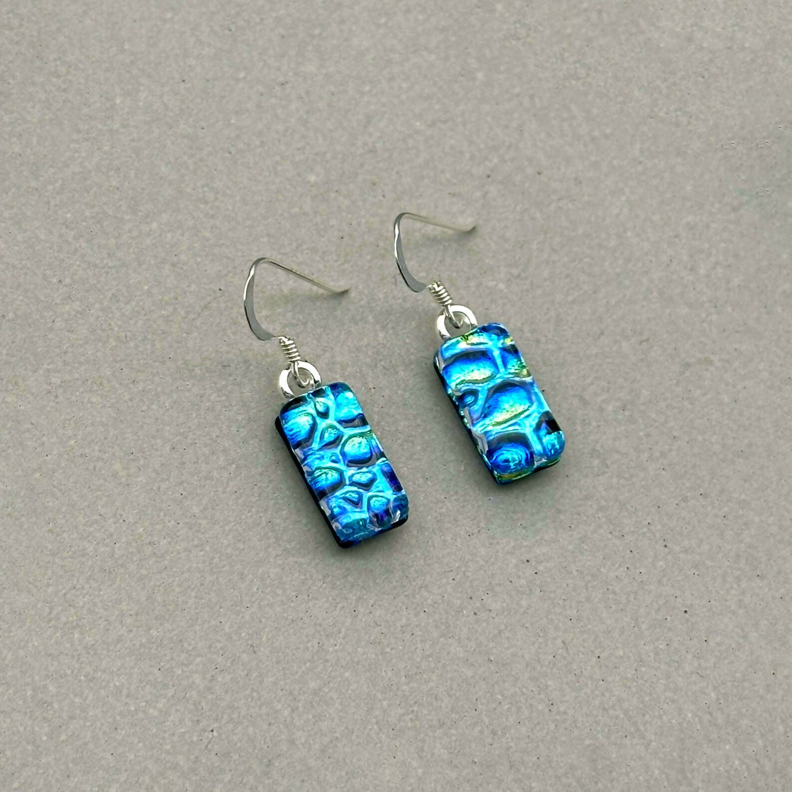 Green & Blue Raindrop Dichroic Glass Necklace and Earrings Set - Sterling Silver, Handmade by Jade Tapson Glass