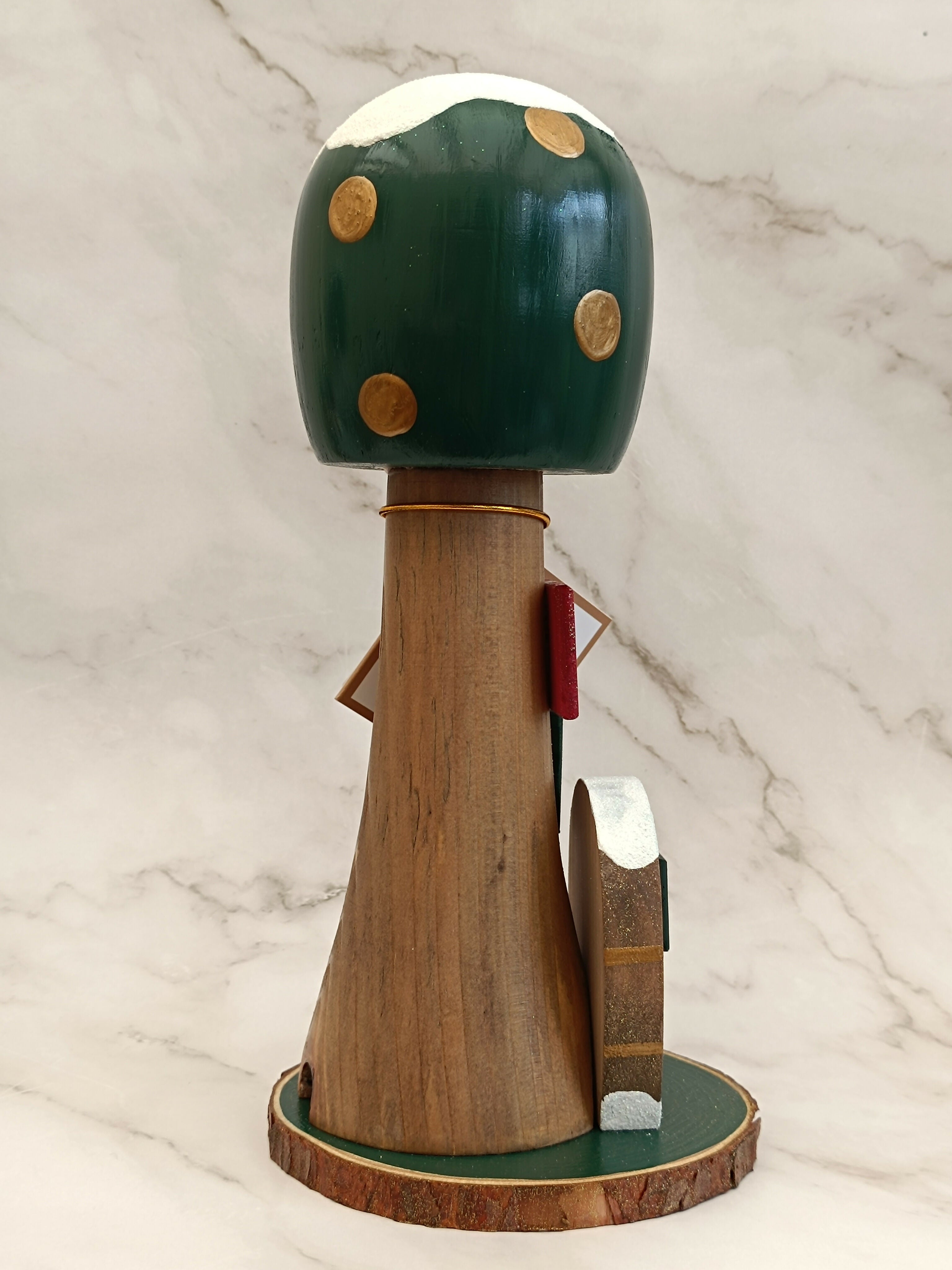 30cm Green Handmade Free Standing Painted Wooden Rounded Topped Toadstool Elf House - Whimsical Woodland Ornament & Holiday Keepsake