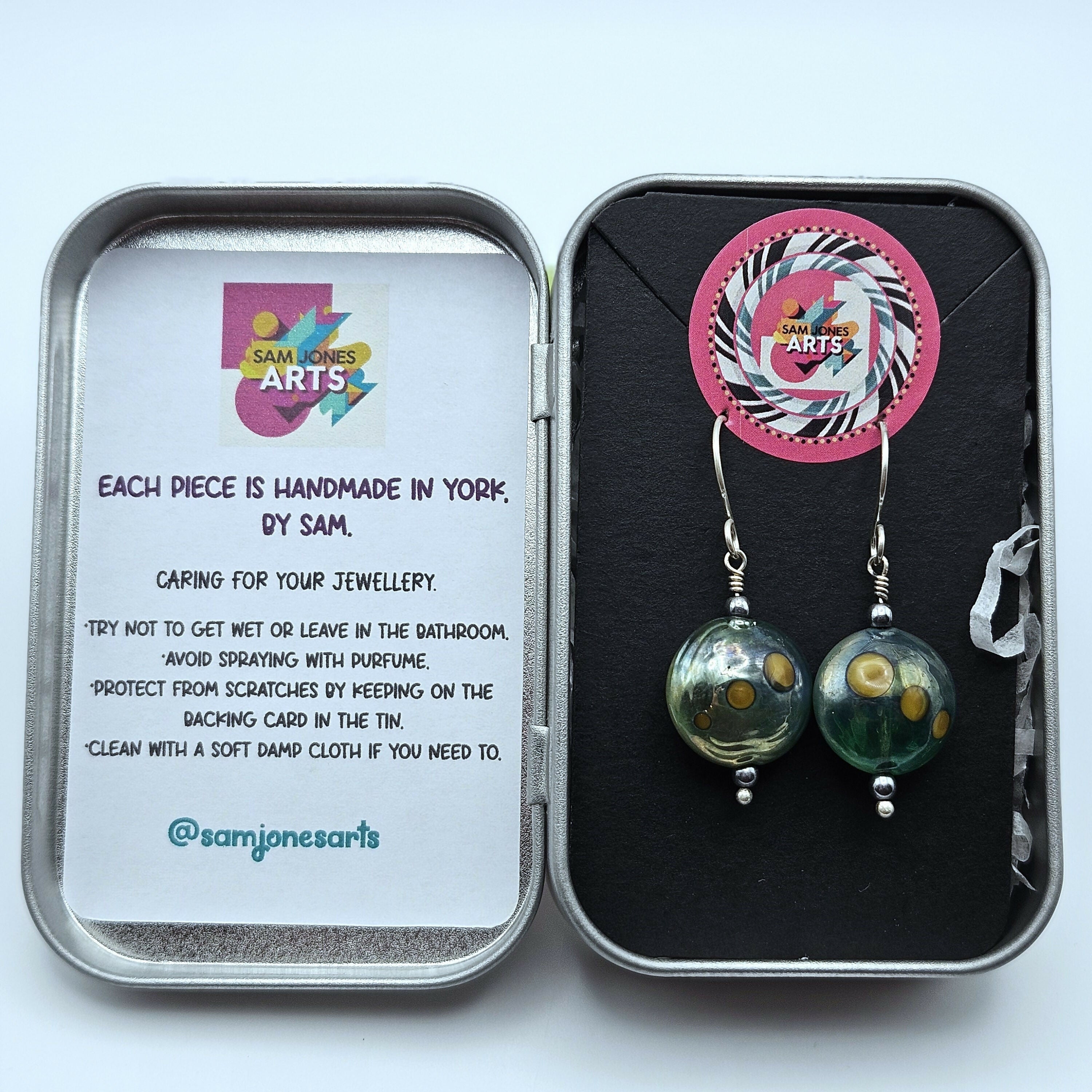 HAND LAMPWORKED GLASS LENTIL BEAD EARRINGS, WITH STERLING SILVER EAR WIRES