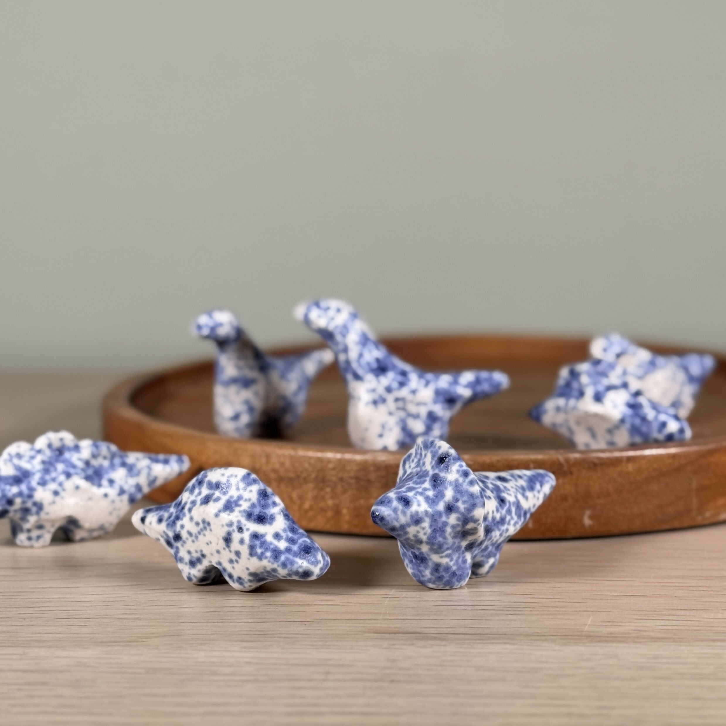 Tiny Blue and White Speckle Dinosaur, Handmade from Stoneware Ceramic