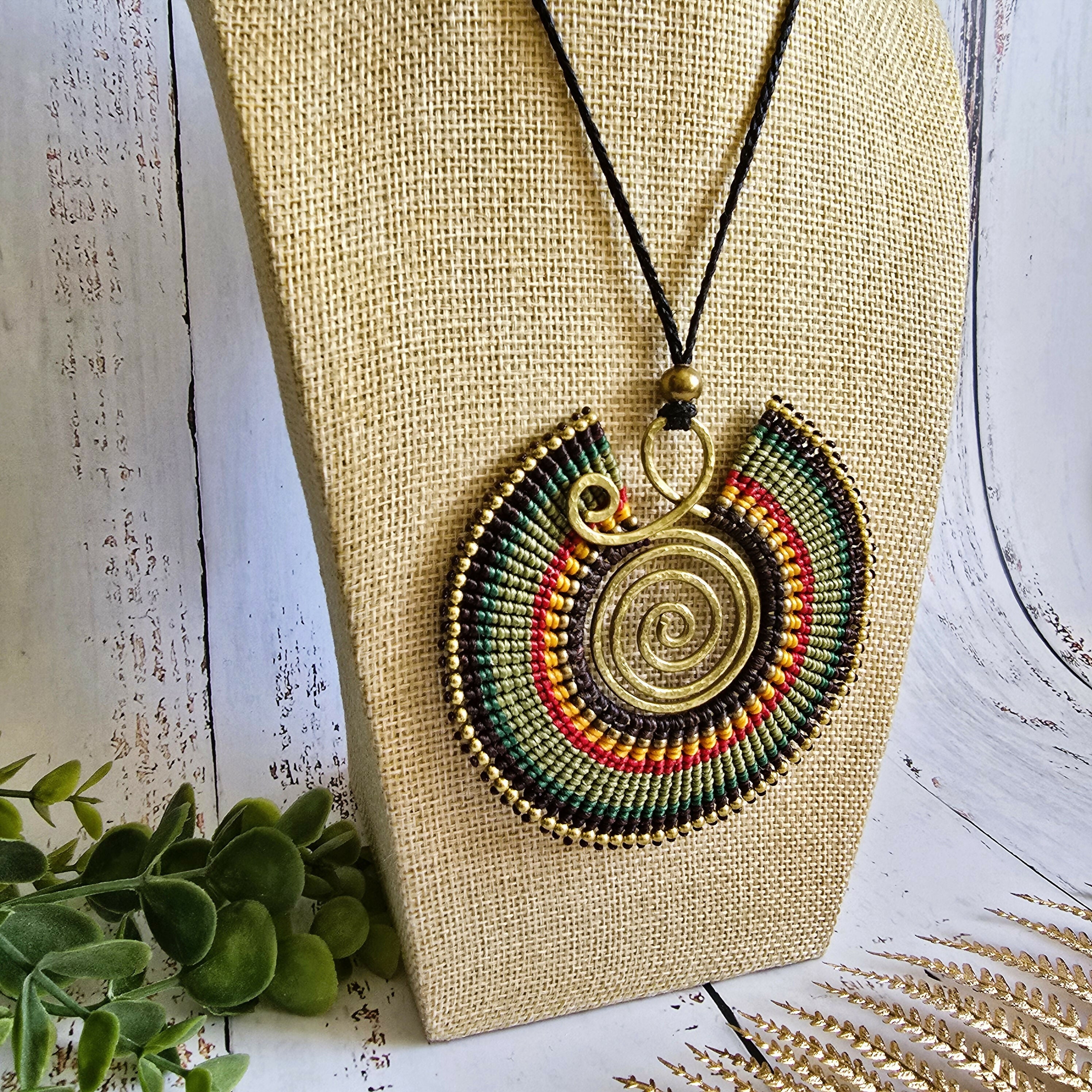Large Green Macramé Necklace; Full Moon Boho Statement Pendant with Gold Spiral