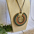 Large Green Macramé Necklace; Full Moon Boho Statement Pendant with Gold Spiral