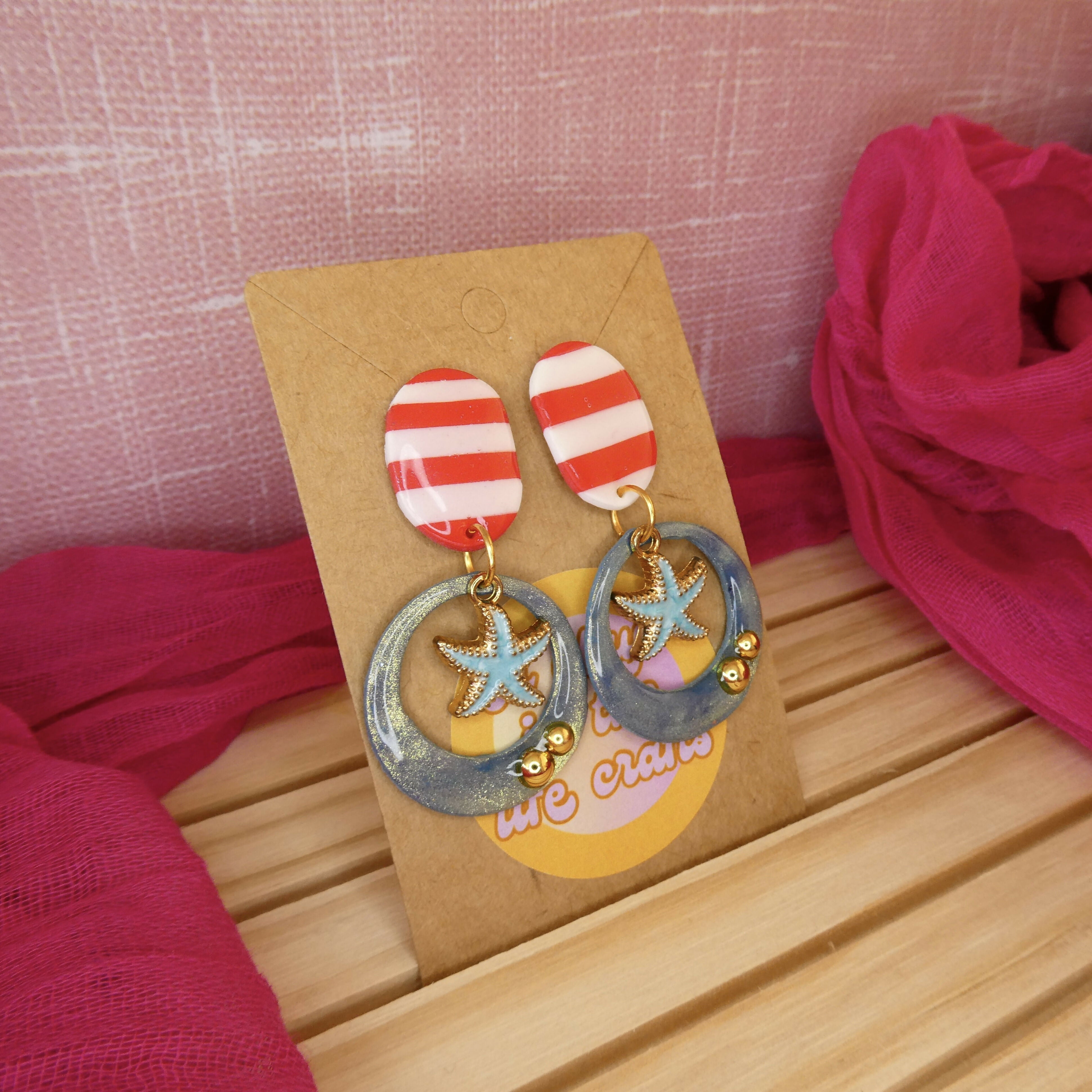 Sailor Stripe Polymer Clay Earrings With Blue Starfish Charm