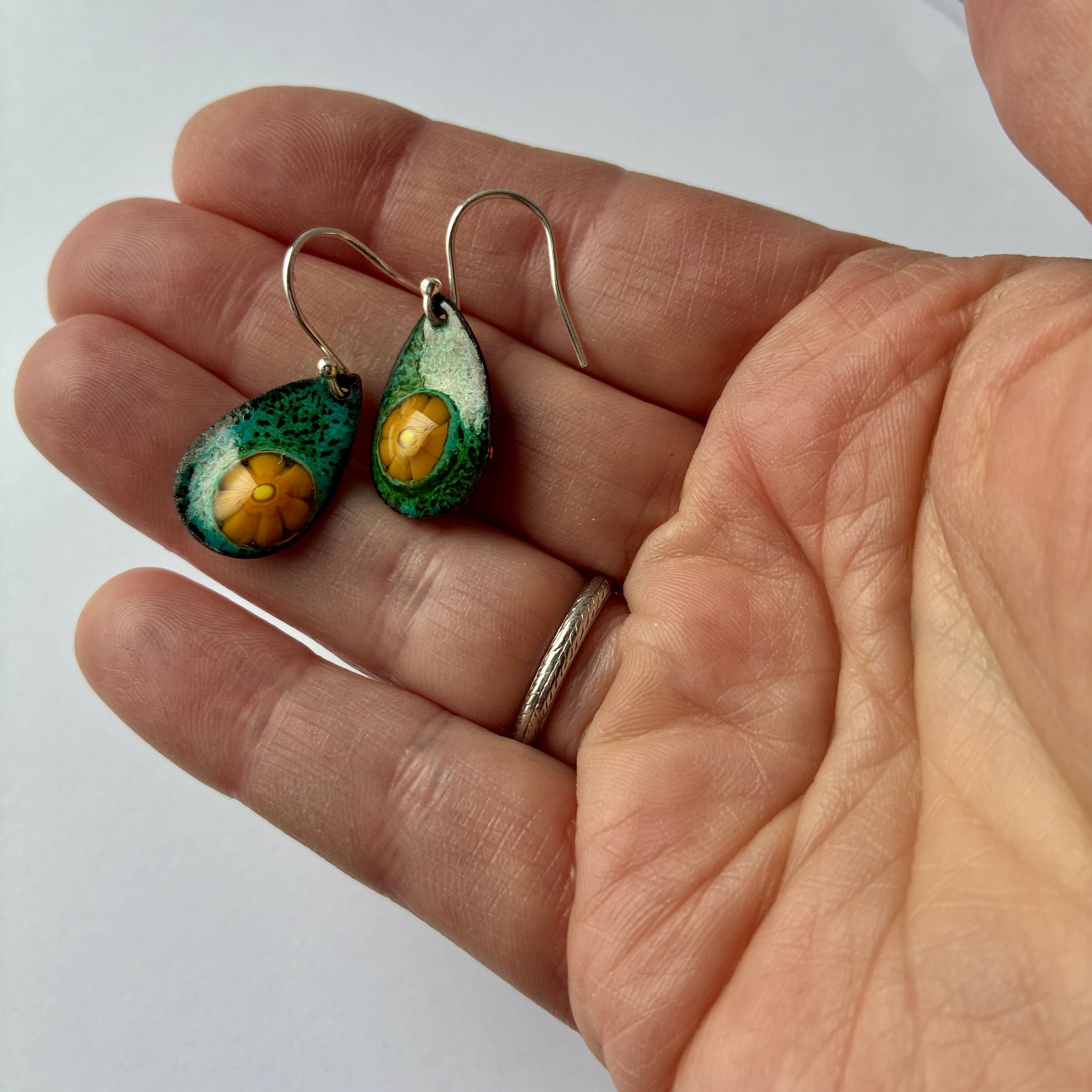 Green and Silver Enamel and Copper Earrings