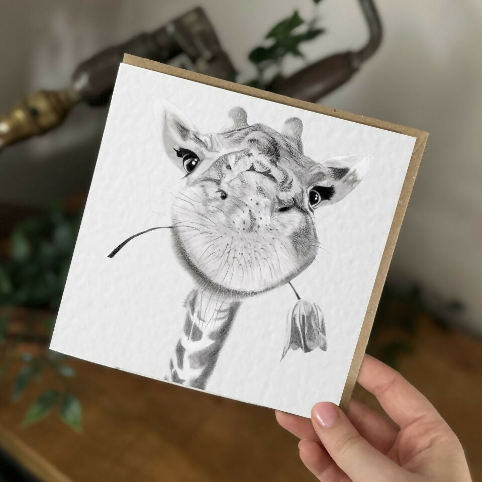 Giraffe with Flower Greeting Card – Cute Animal Art – Blank Inside