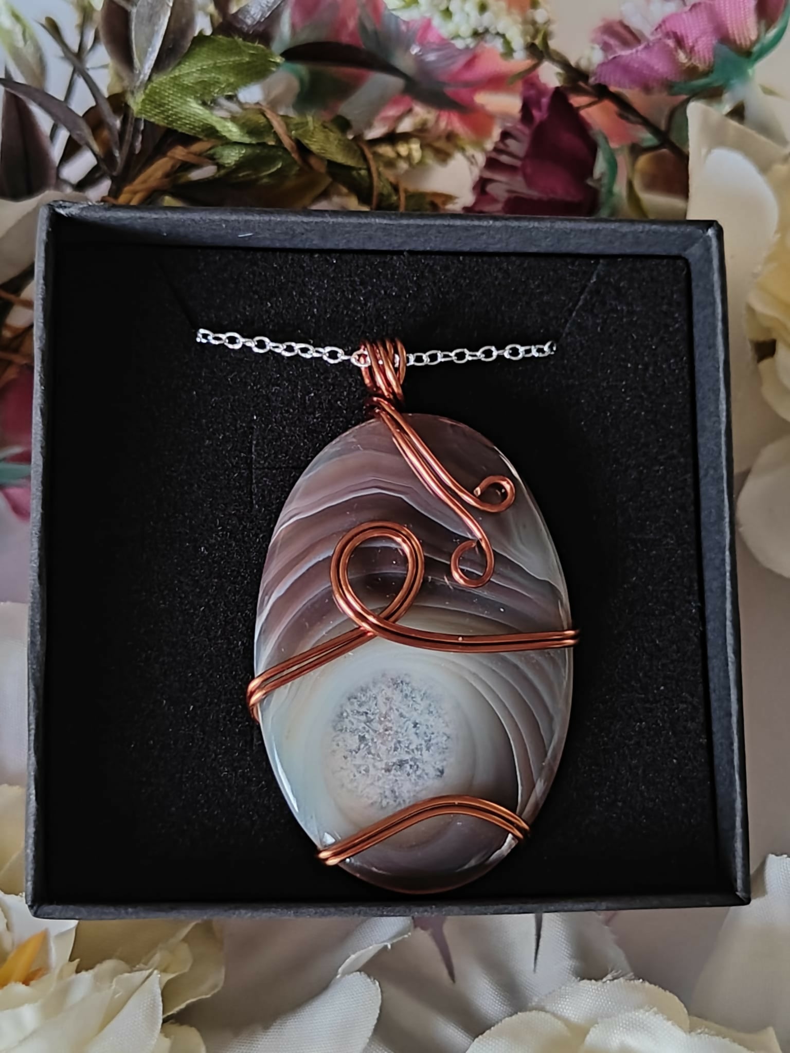 Botswana Agate Wire Wrapped Crystal Necklace on Sterling Silver Chain