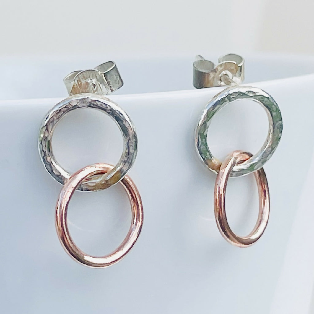 Sterling Silver and Copper Double Circle Drop Earrings