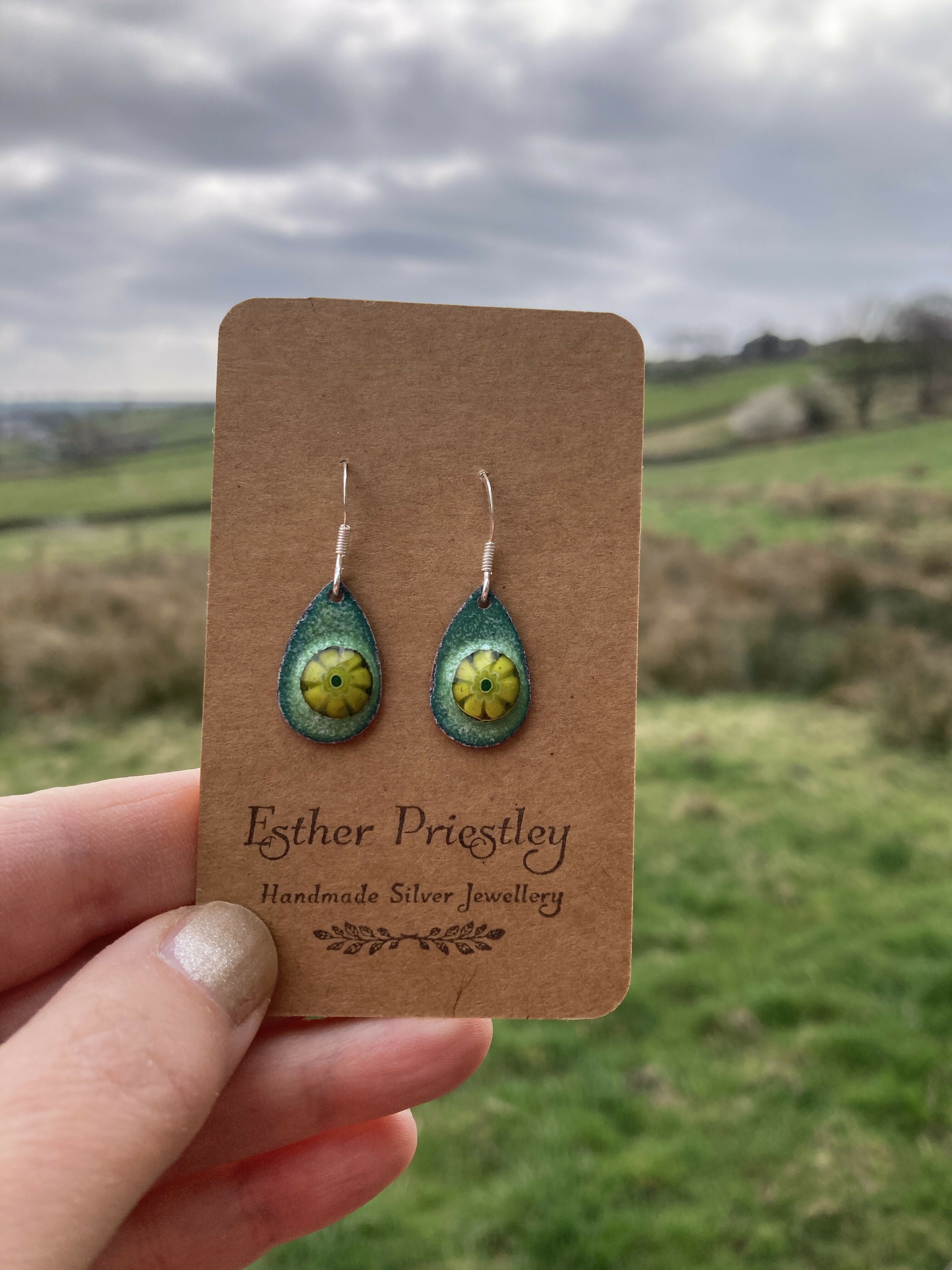 Green and Silver Enamel and Copper Earrings