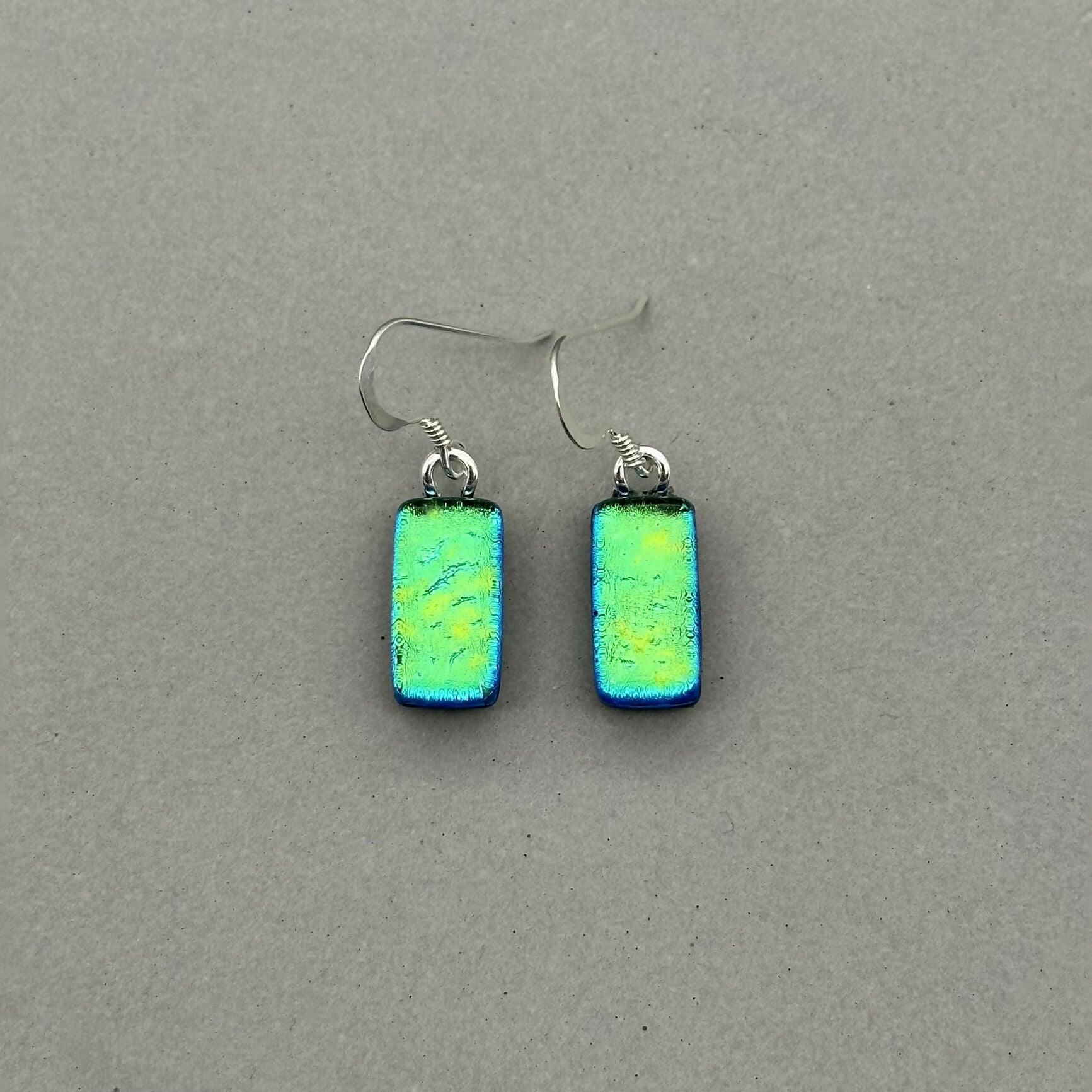 Green Dichroic Glass Necklace and Earrings Set - Sterling Silver, Handmade by Jade Tapson Glass.