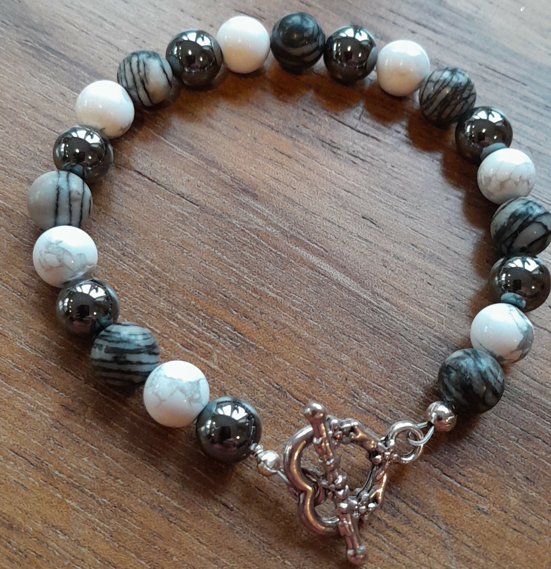 Gemstone Bracelet with \Tibetan Silver Toggle Catch, Grey Hematite, Howlite and Black Silkstone.