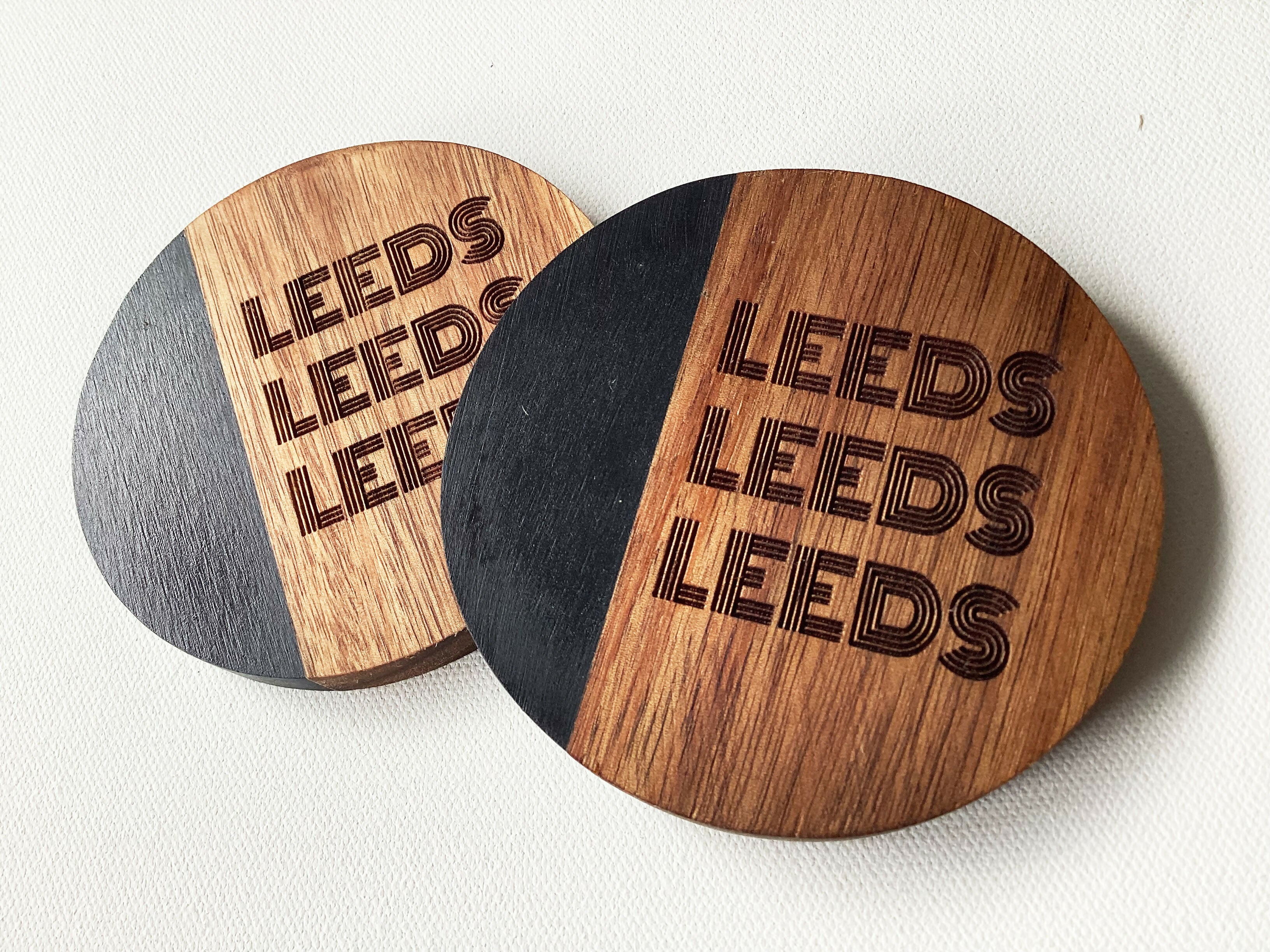 Leeds Football Inspired Engraved Black Marble and Acacia Wood Coaster
