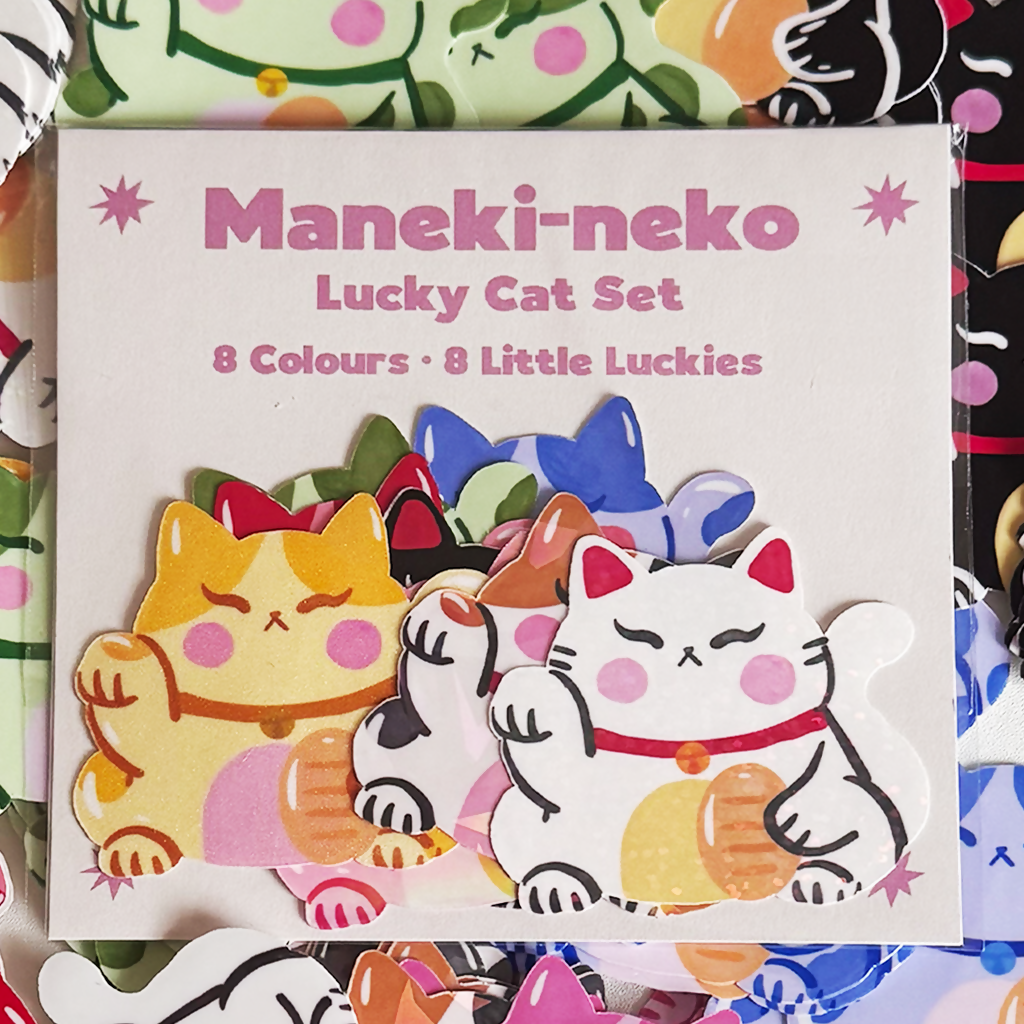 Maneki-neko Lucky Cat Sticker Pack - 8 Colors Complete Set