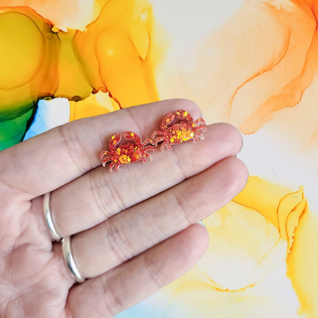Handmade Glitter Red Resin Crab Studs