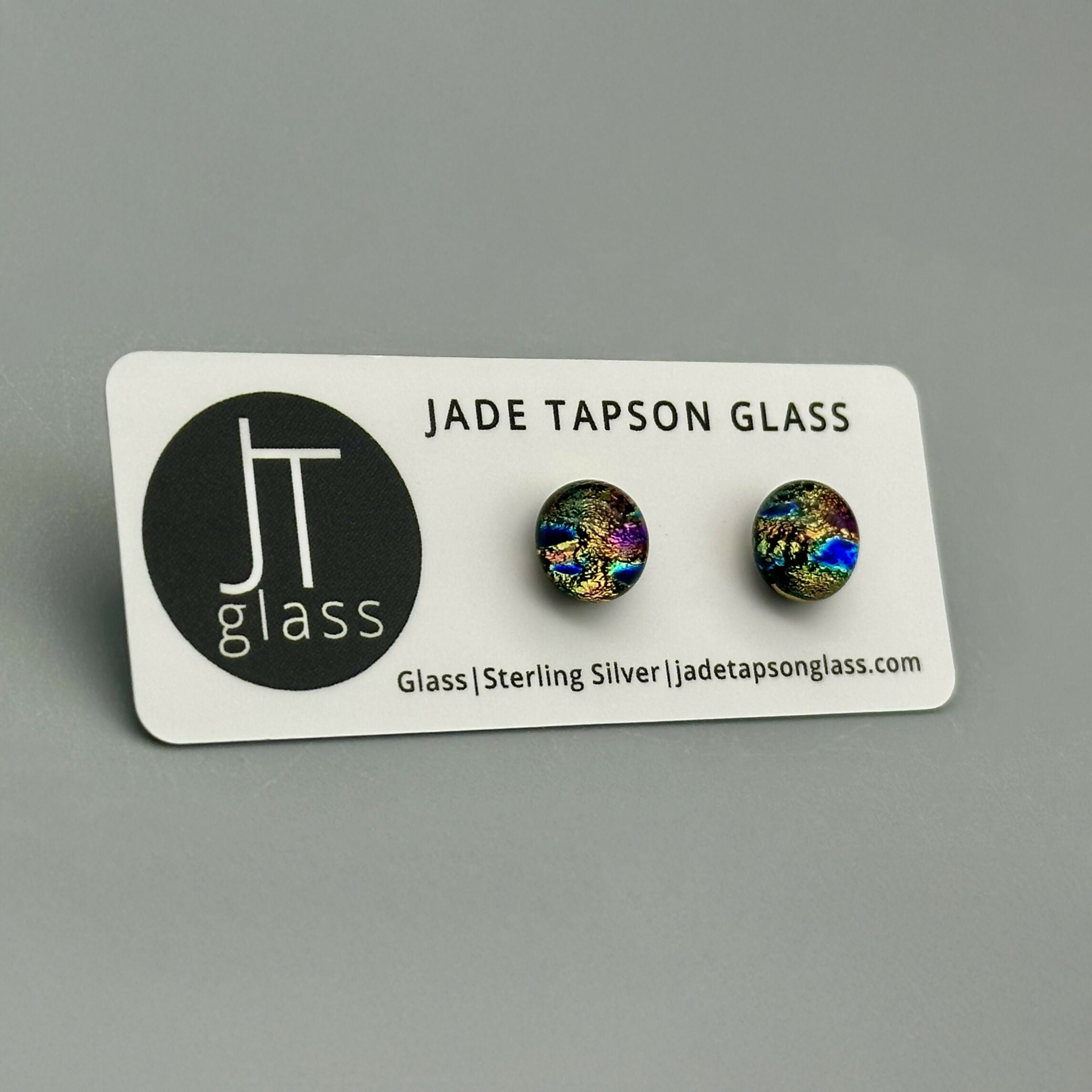 Pink & Orange Raindrop Dichroic Fused Glass Sterling Silver Stud Earrings - Handmade by Jade Tapson Glass.