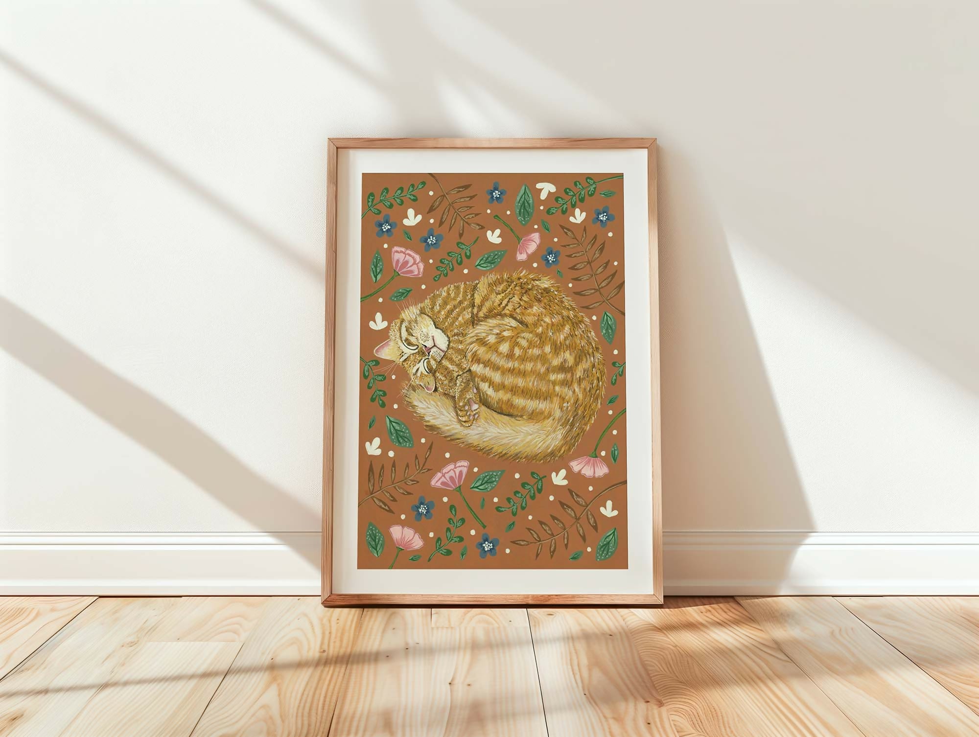Ginger Tabby Cat Floral Art Print A4