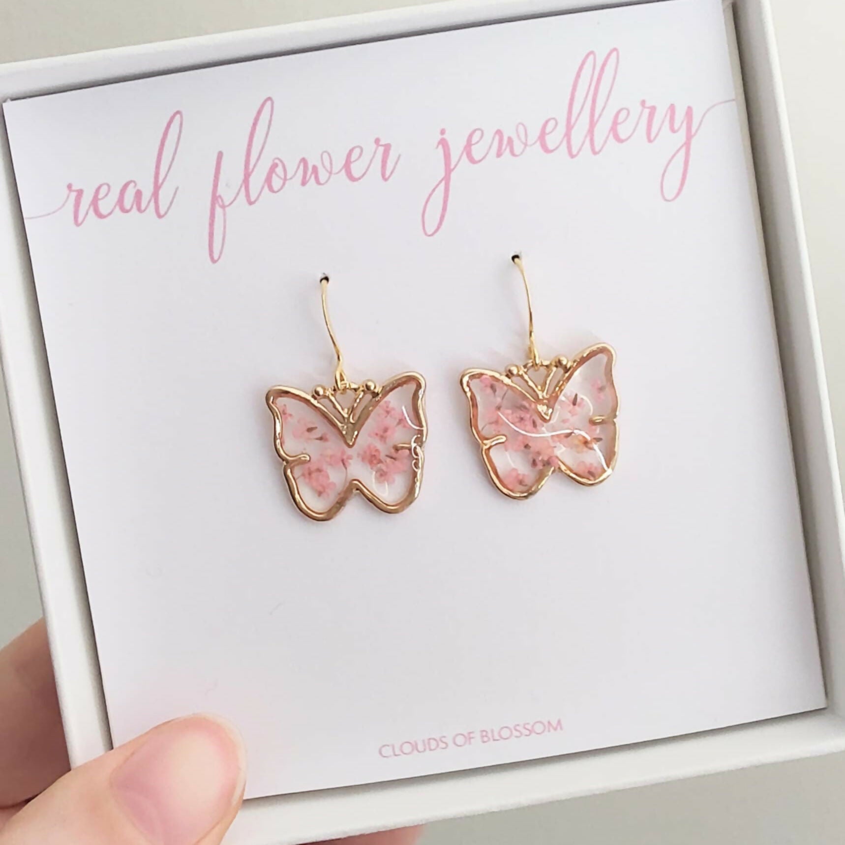 Pink Real Flower Butterfly Earrings Gold Plated