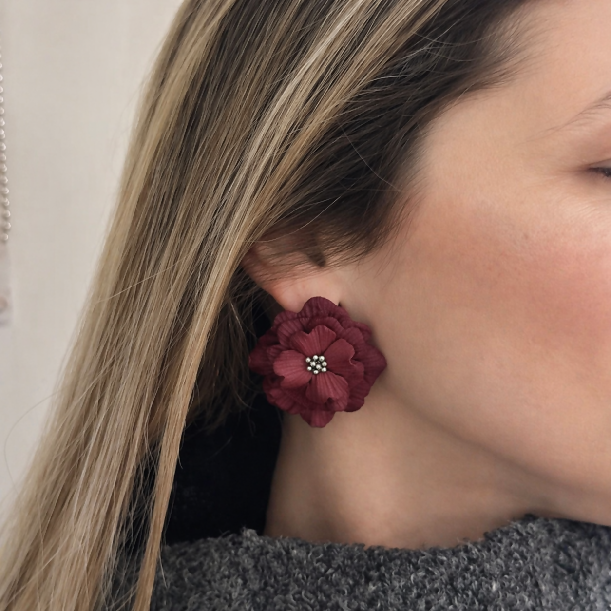 Large Floral Statement Earrings with Silver Bead Centre in Bordeaux