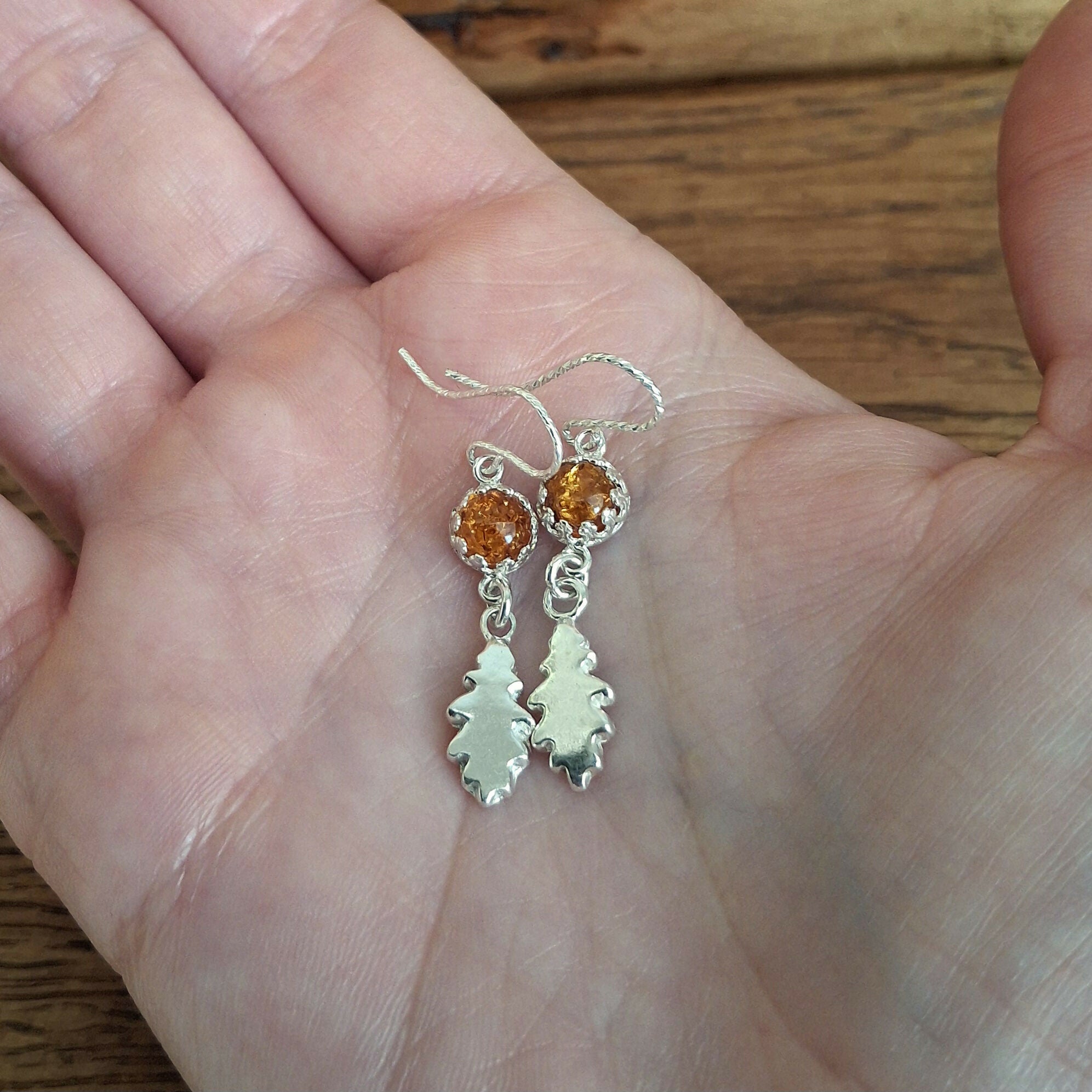 Handmade Silver Oak Leaf Earrings With Amber