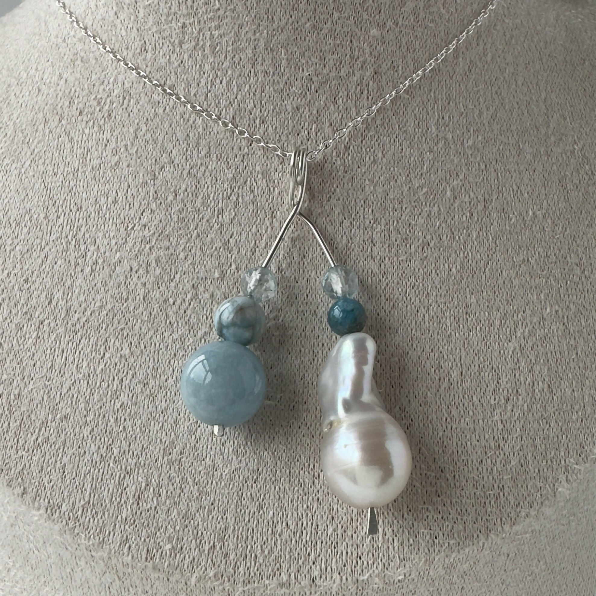 HEALING CRYSTAL & STERLING SILVER THROAT CHAKRA PENDANT WITH BAROQUE PEARL & 18” CHAIN