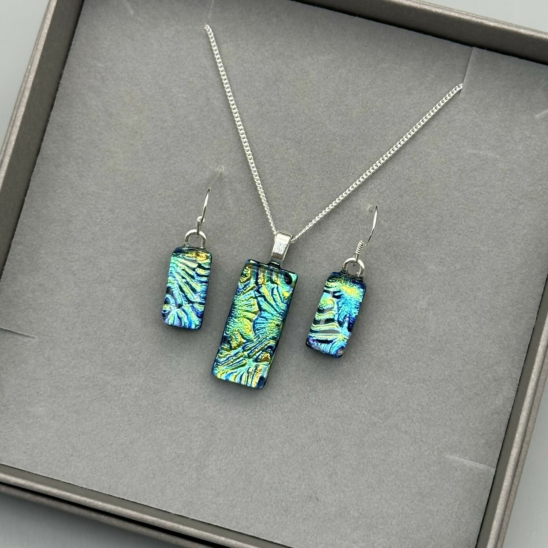 Blue & Green Flower Dichroic Glass Necklace and Earrings Set - Sterling Silver, Handmade by Jade Tapson Glass.