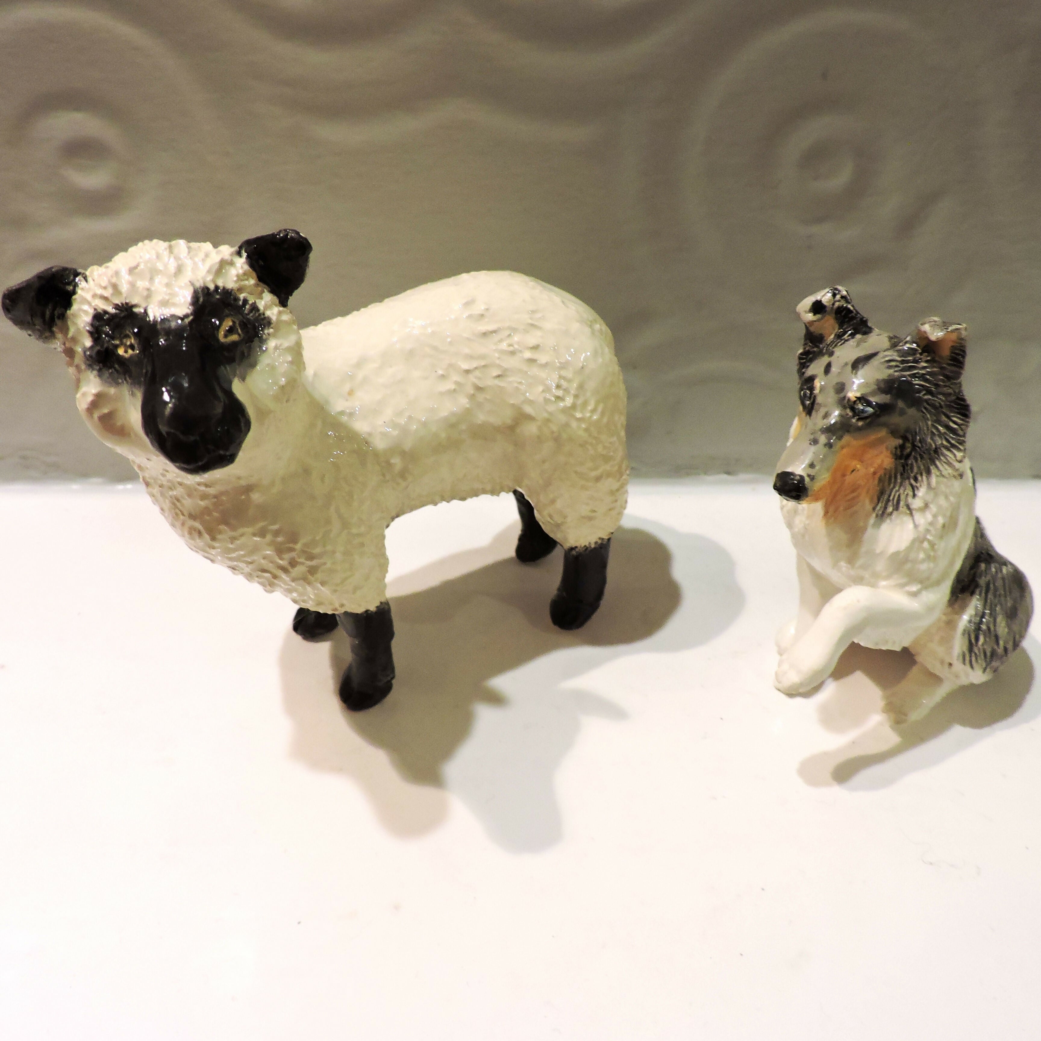 Ceramic Blue Merle Rough collie dog sculpture