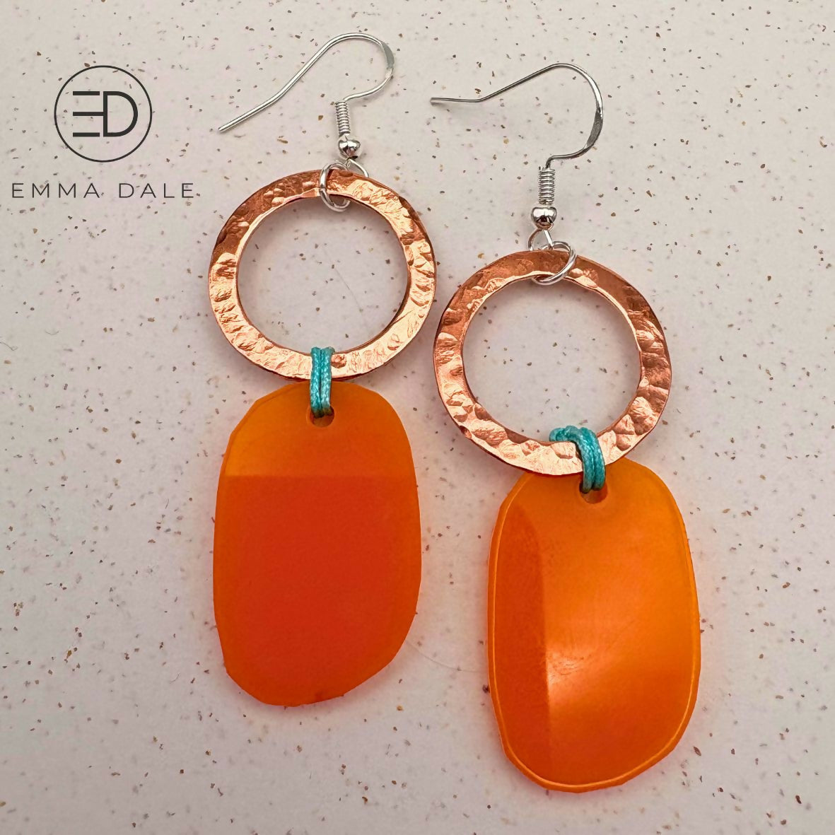 Orange Acrylic & Hand-Hammered Copper Earrings