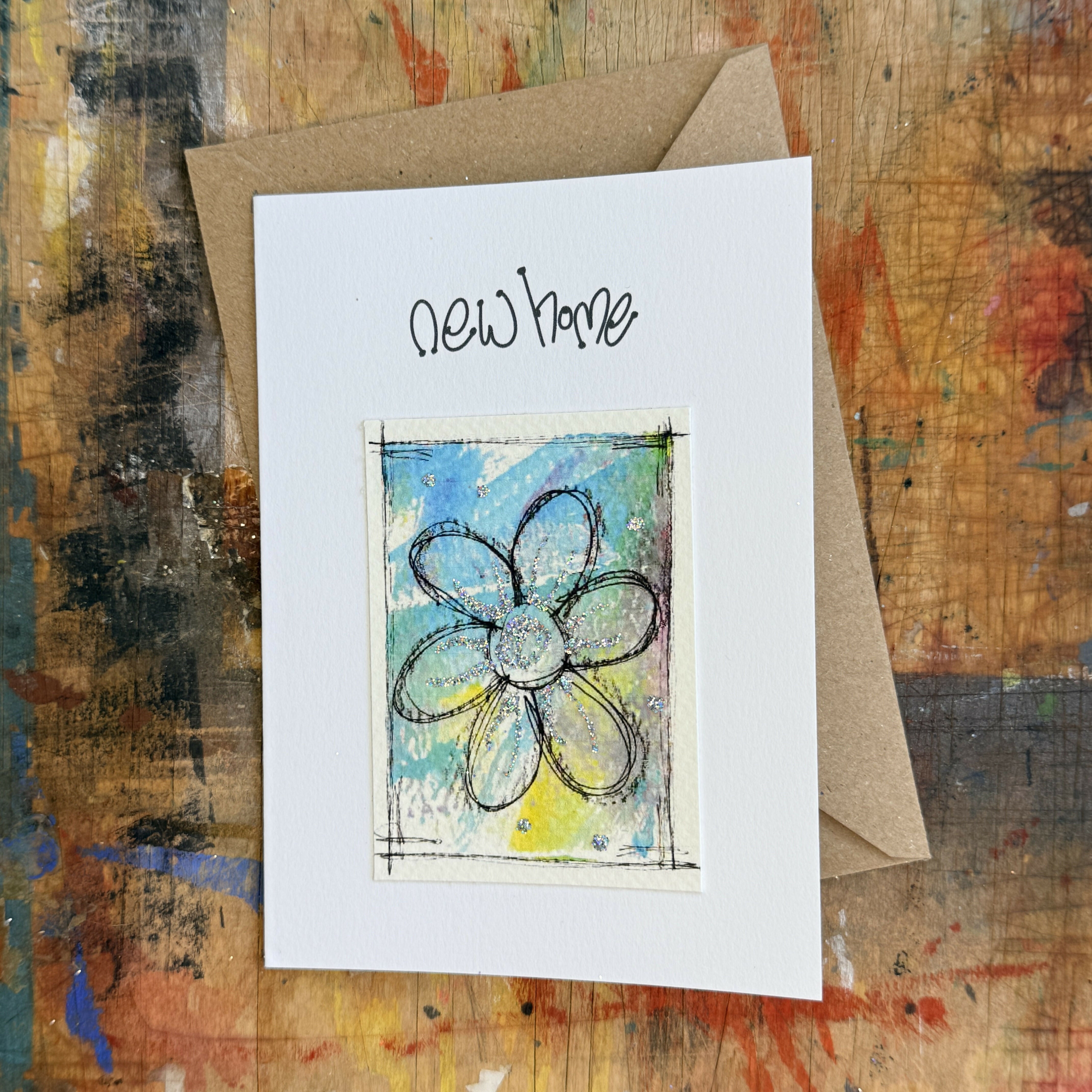 Abstract Sparkle Flower New Home Card in Blue