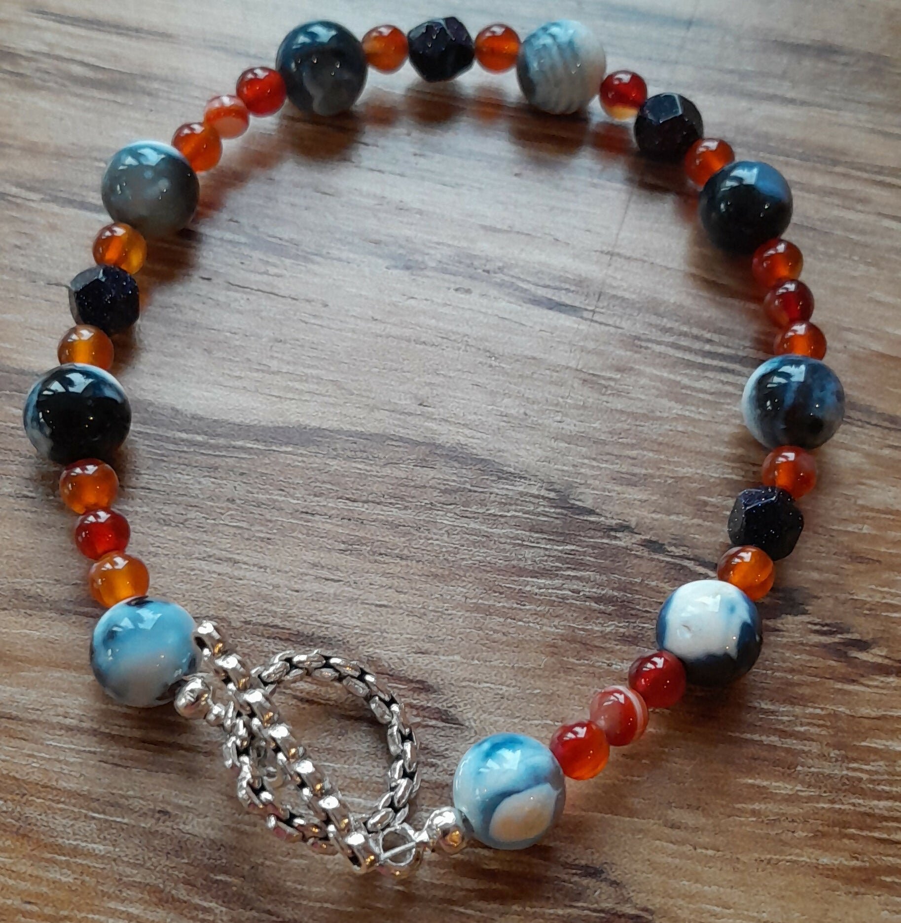 Gemstone Bracelet with a Tibetan Silver Toggle Catch, Blue Dream Agate and Carnelian.