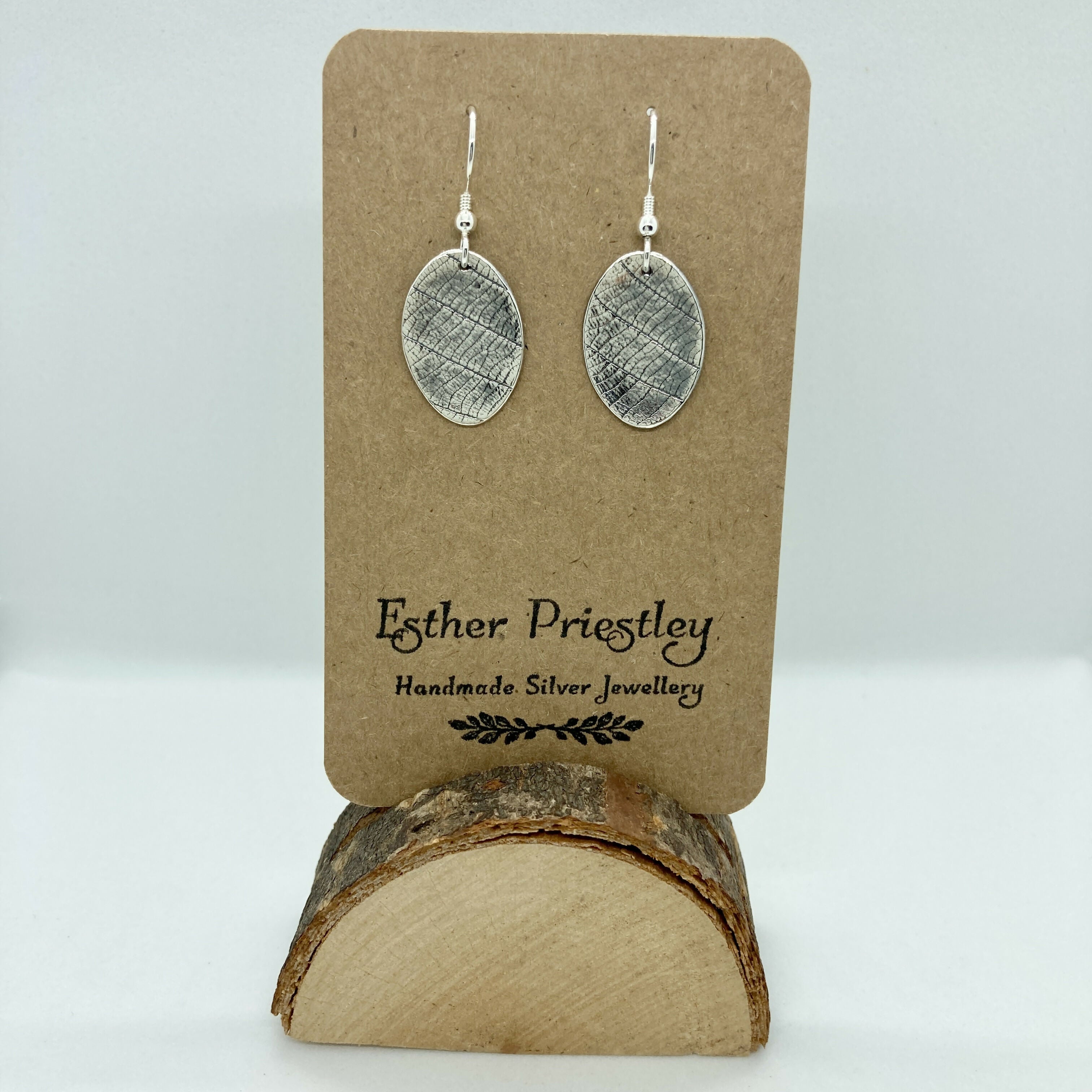 Silver Oval Drop/Dangly Earrings with Leaf Imprint and 925 Sterling Silver Hooks