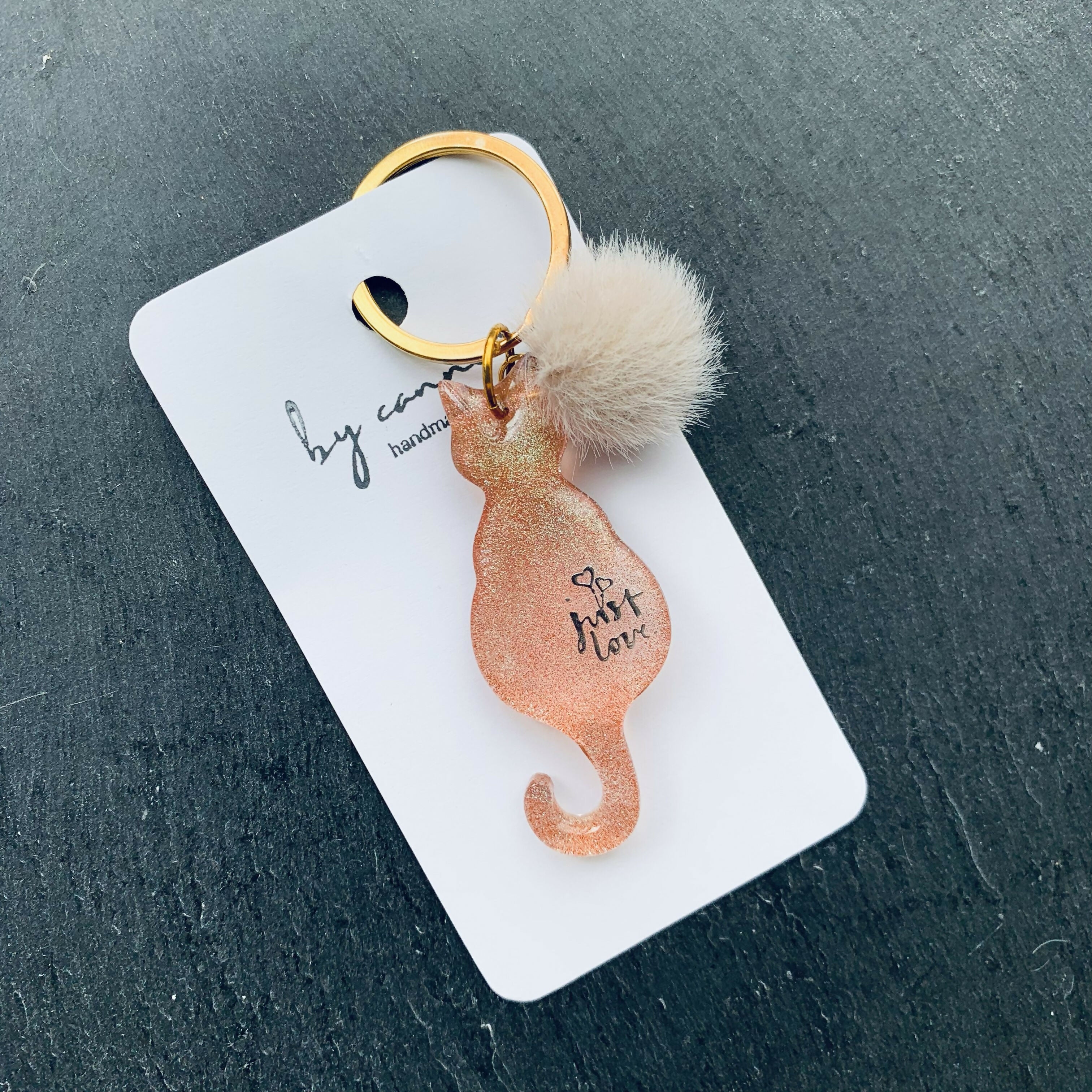 Hand-Poured Vibrant Mica Powder Resin Cat Keyring, Bag Charm with a Pom Pom