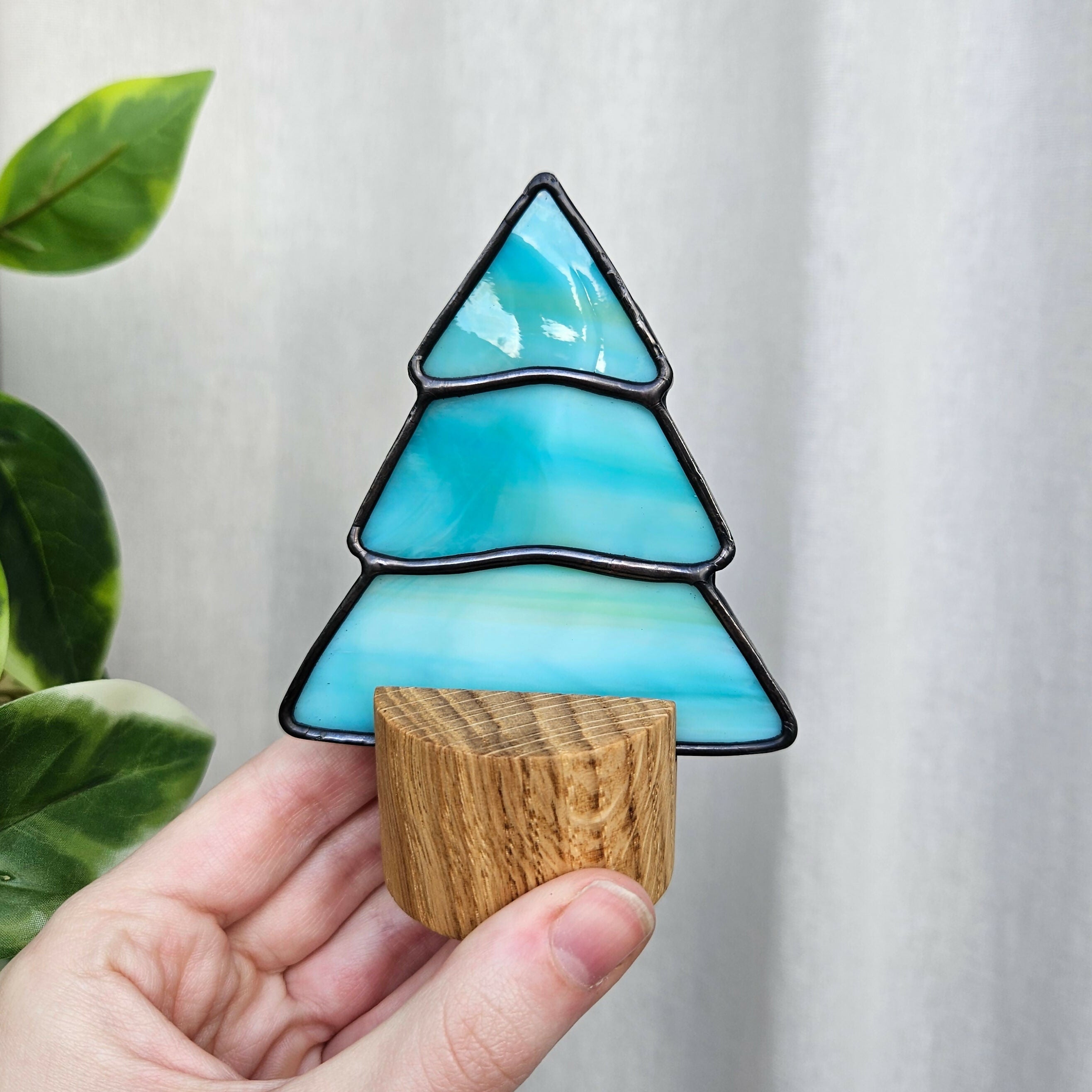 Streaky Green Tree Stained Glass Ornament with Oak Stand