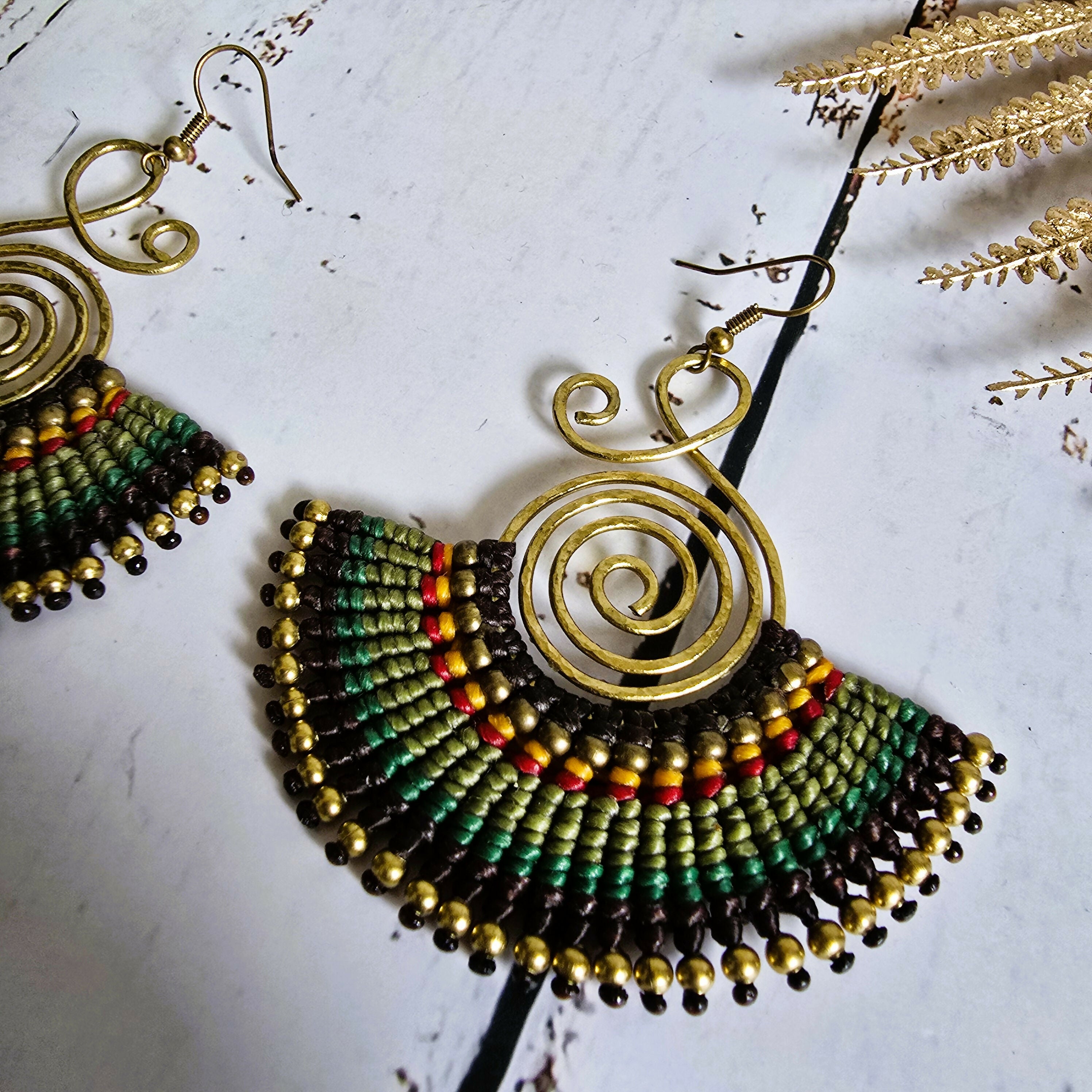 Emerald Green Fan Earrings; Bold Bohemian Macramé & Gold Wire-Art Statement Earrings