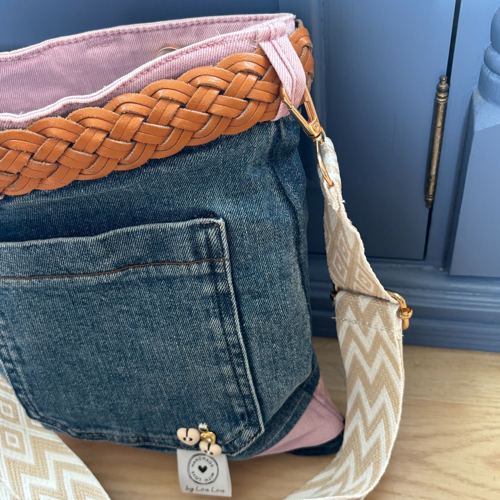 Unique Handcrafted Denim Bag Handbag Made From Upcycled Jeans With Leather Belt