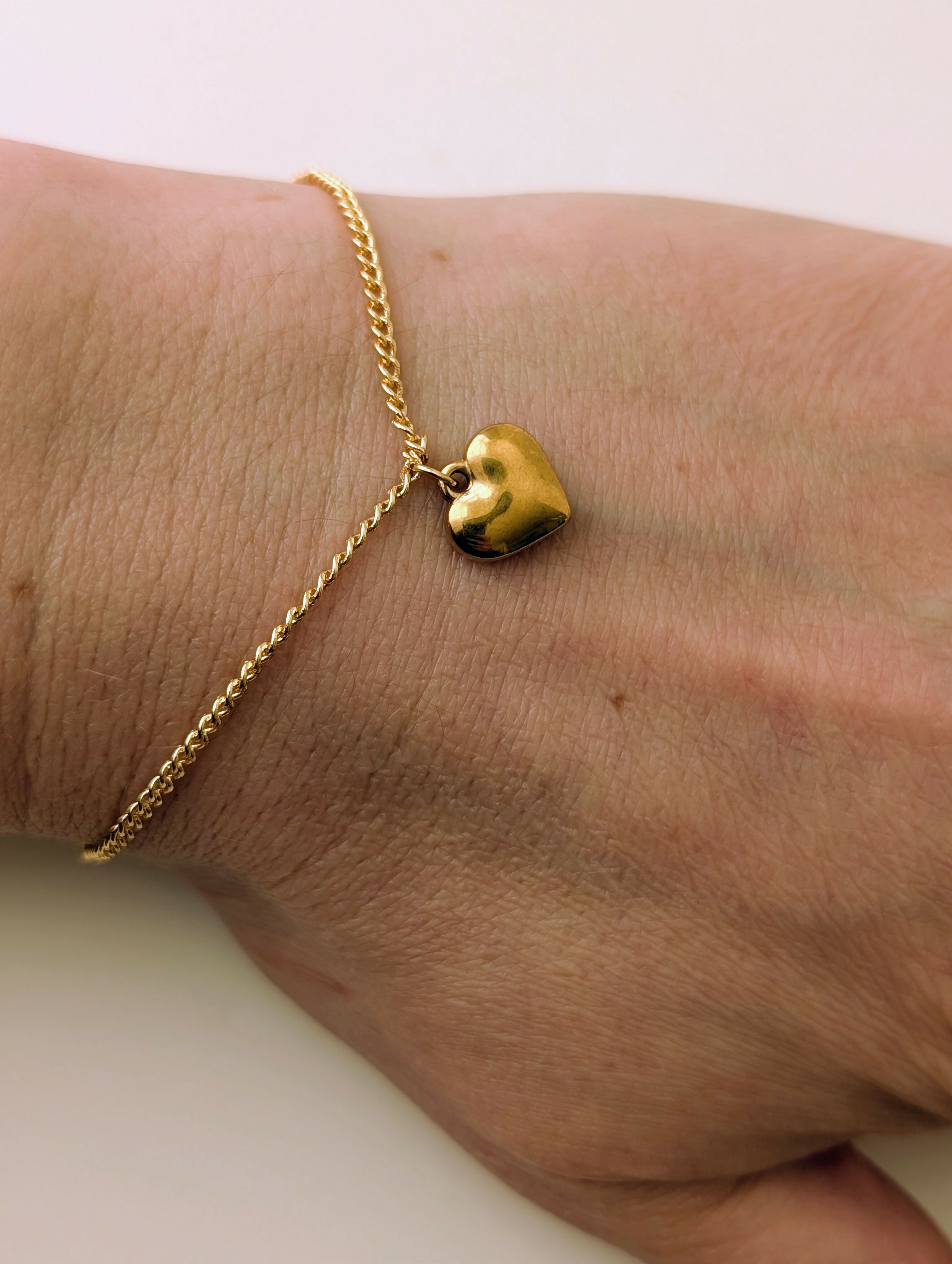 Chunky Gold 3D Heart Charm Bracelet on a Flat Gold Plated Chain