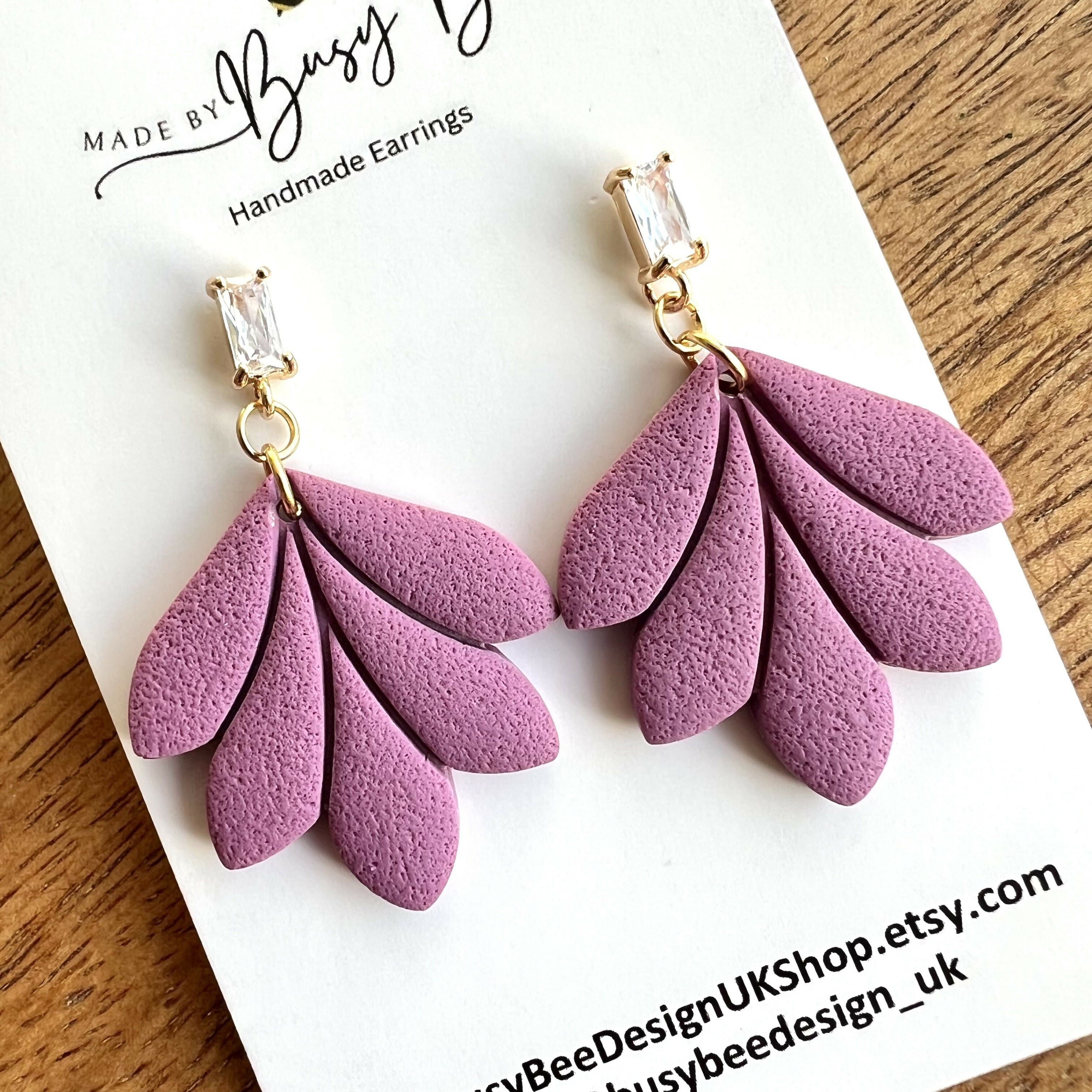 Minimal Leaf Earrings with Clear Glass Cubic Zirconia Studs/ Art Deco Polymer Clay Earrings / Handmade Clay Jewellery