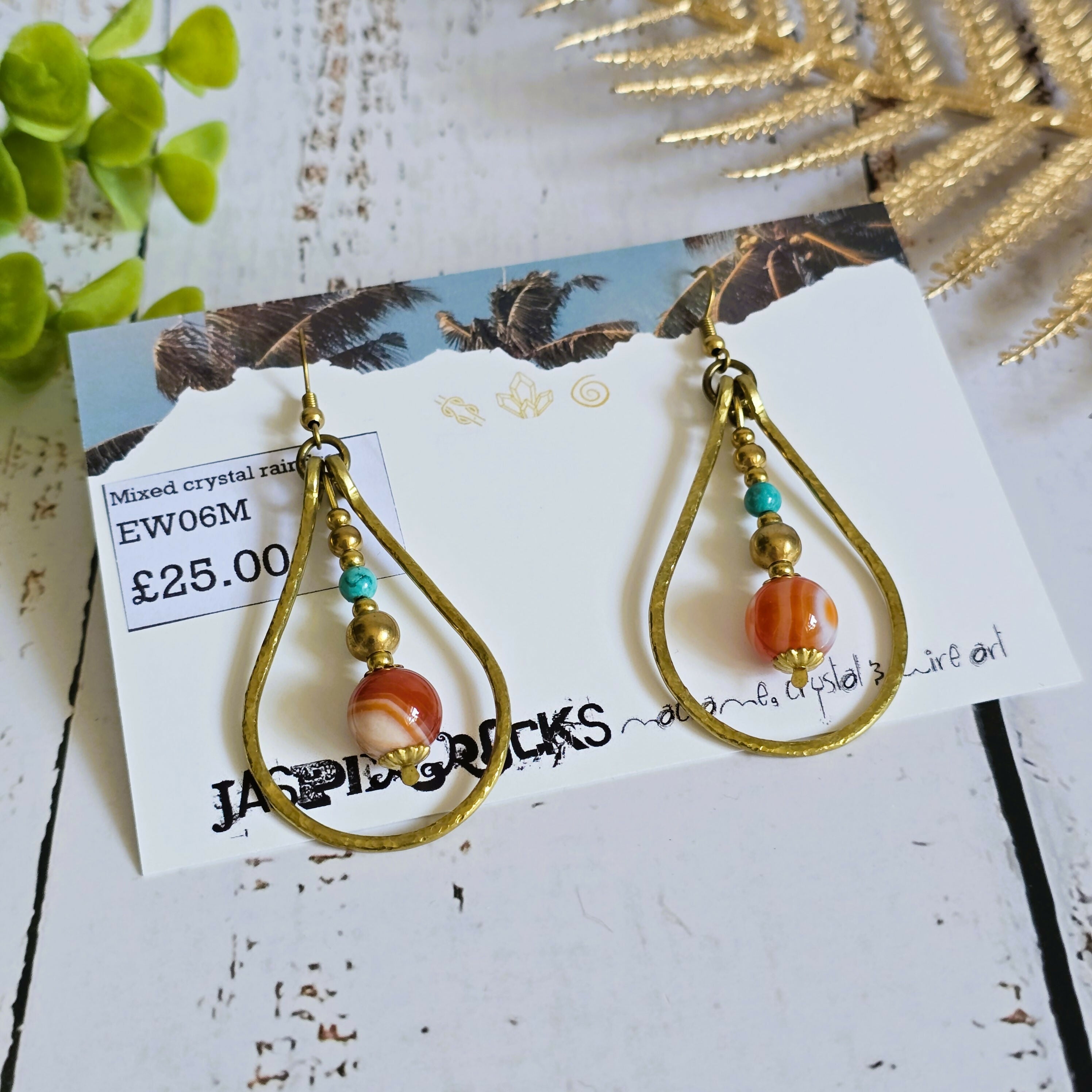 Gold Wire Crystal Earrings; Turquoise & Orange Agate Bohemian Teardrop Earrings