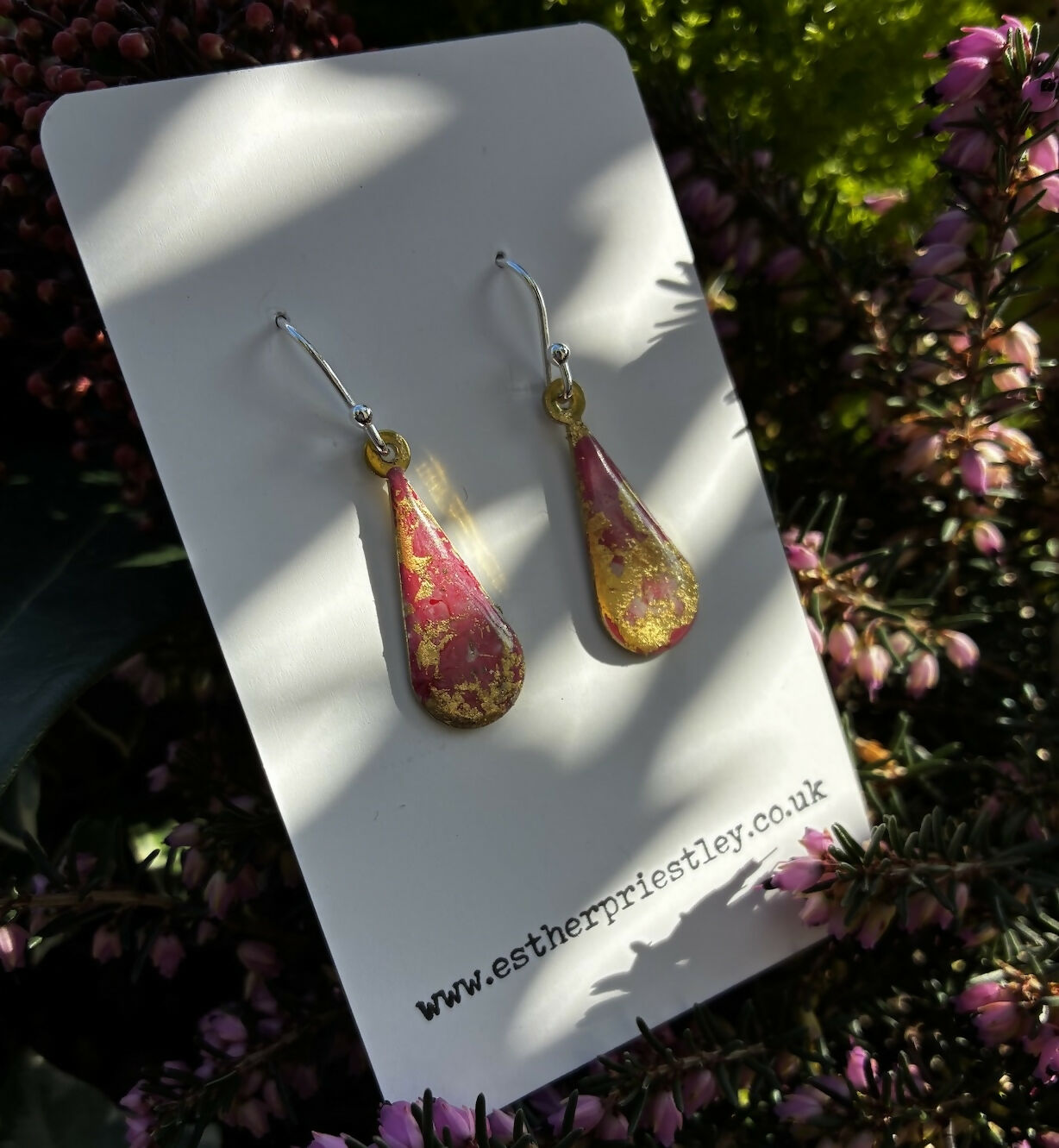 Pink And Gold Leaf Marbled Effect Dangle Earrings On Sterling Silver Hooks