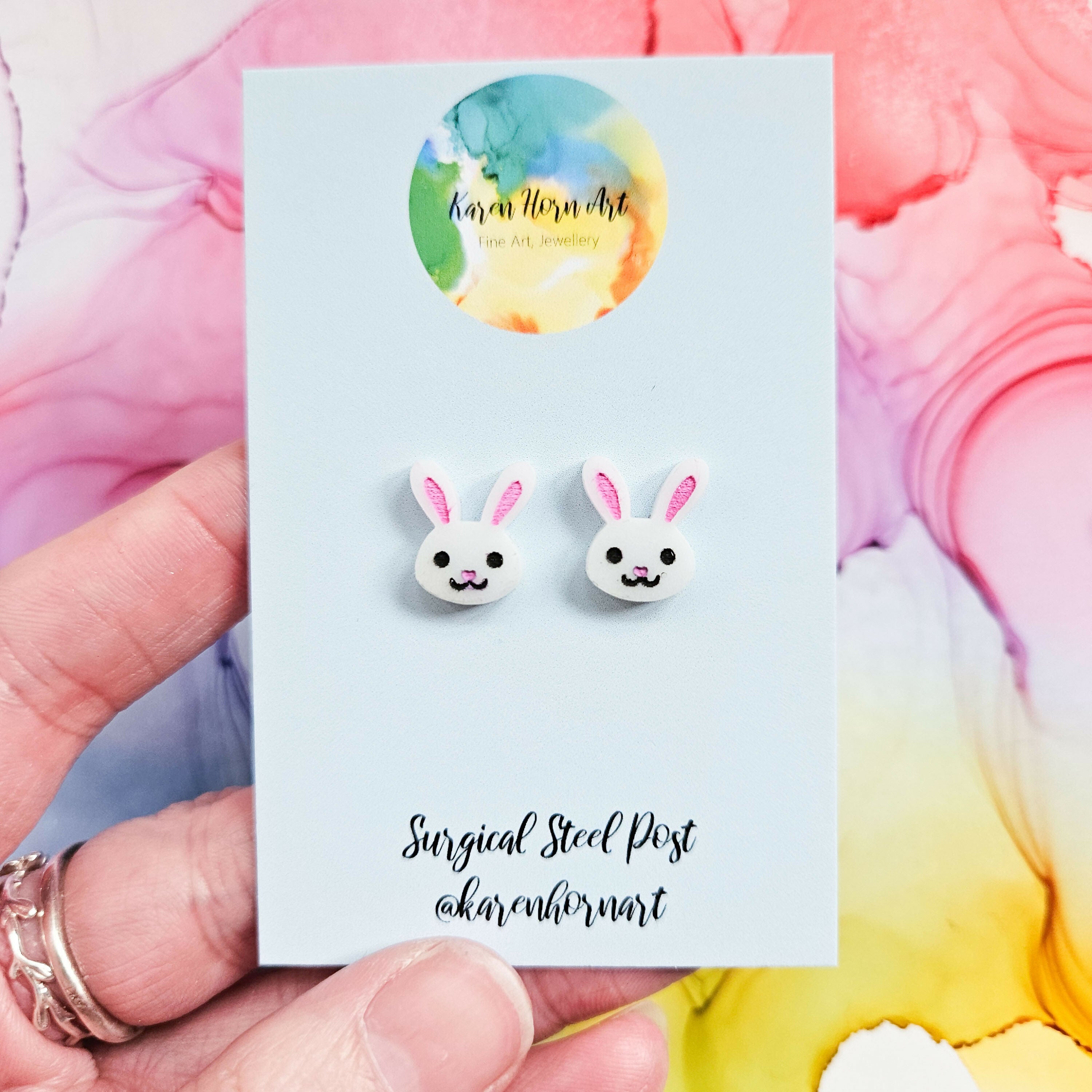 Handmade White Bunny Rabbit Resin Stud Earrings