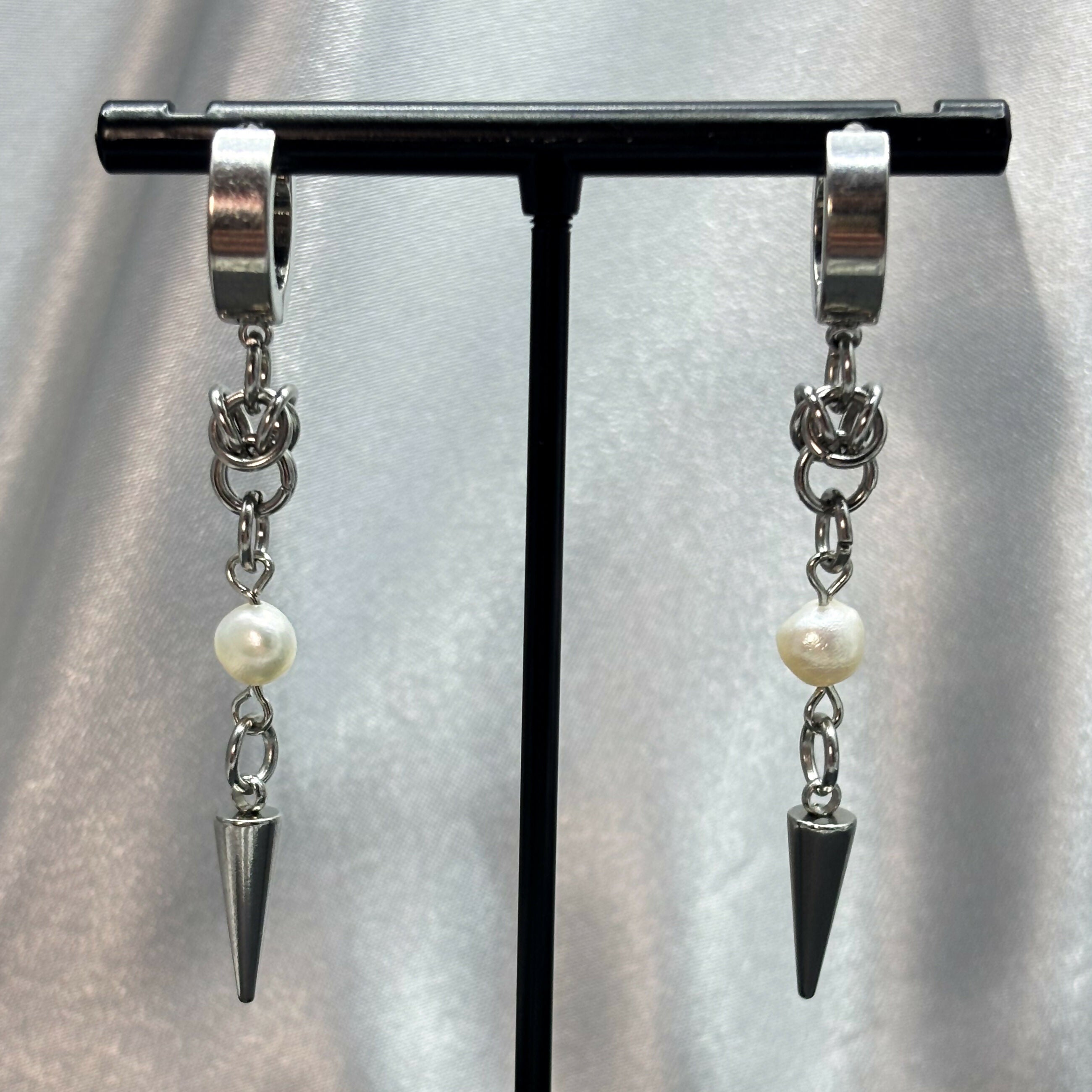 Long Chainmail Pearl Earrings