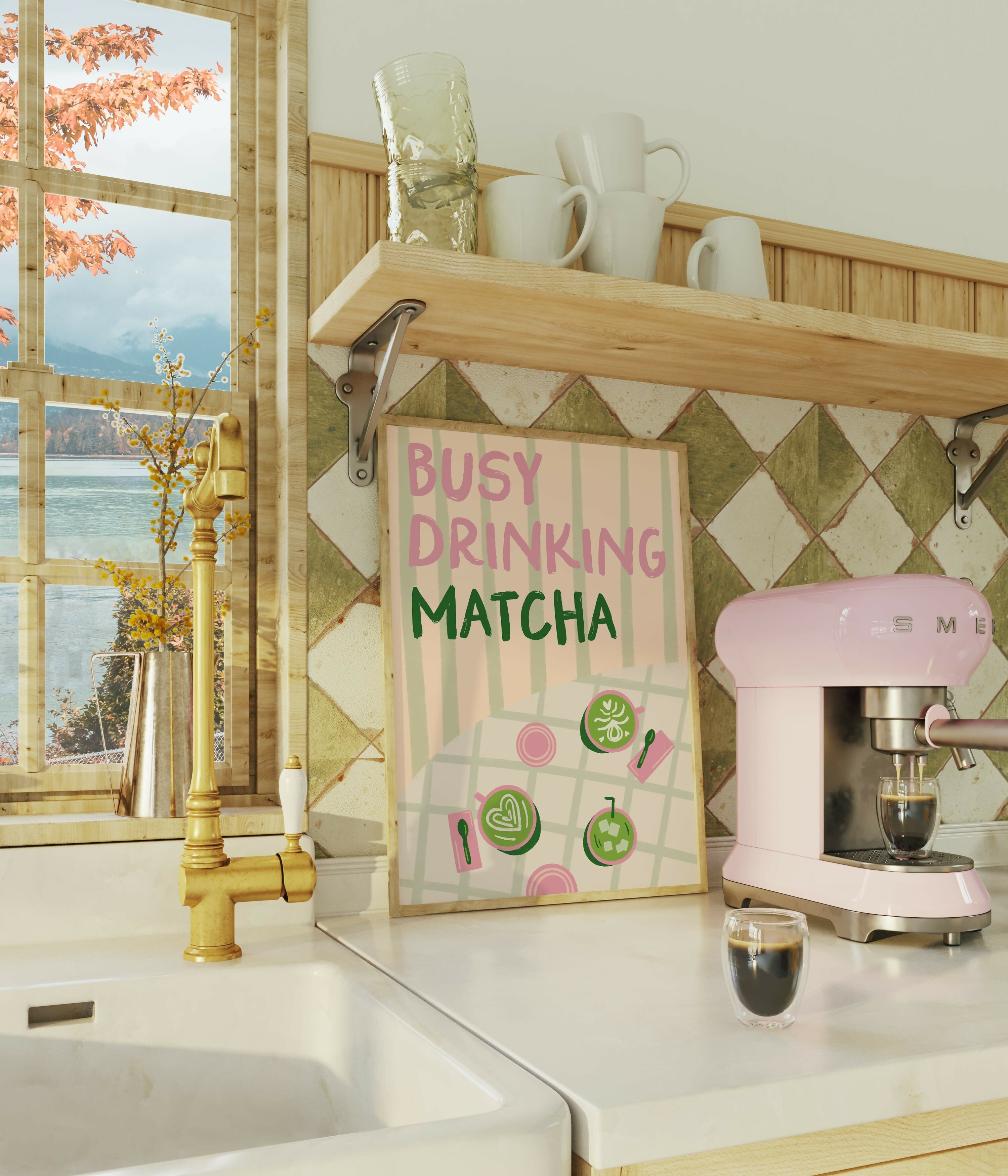 Busy Drinking Matcha Print – Pink Coffee Shop Print