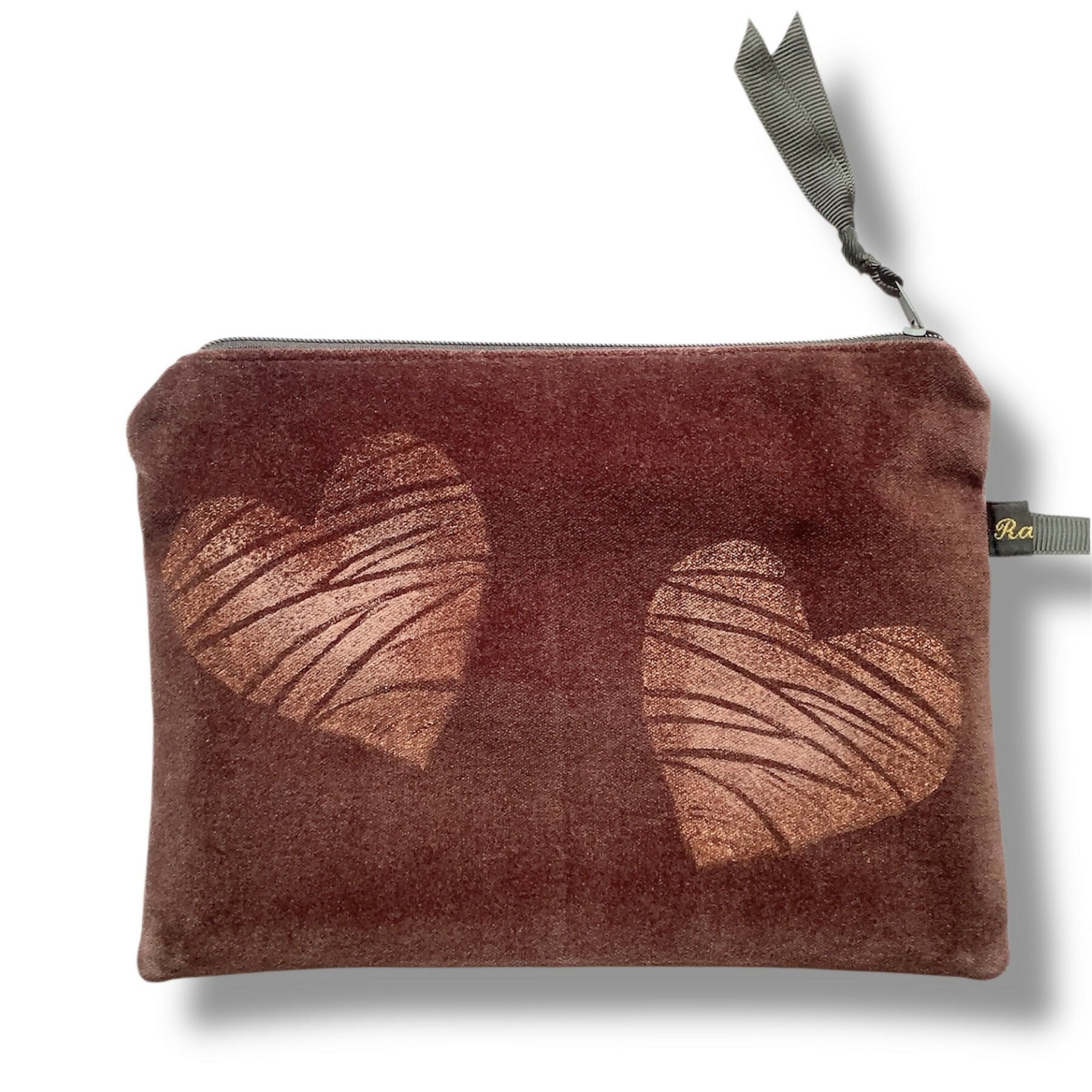 Brown Love Hearts Velvet Zip-Up Pouch