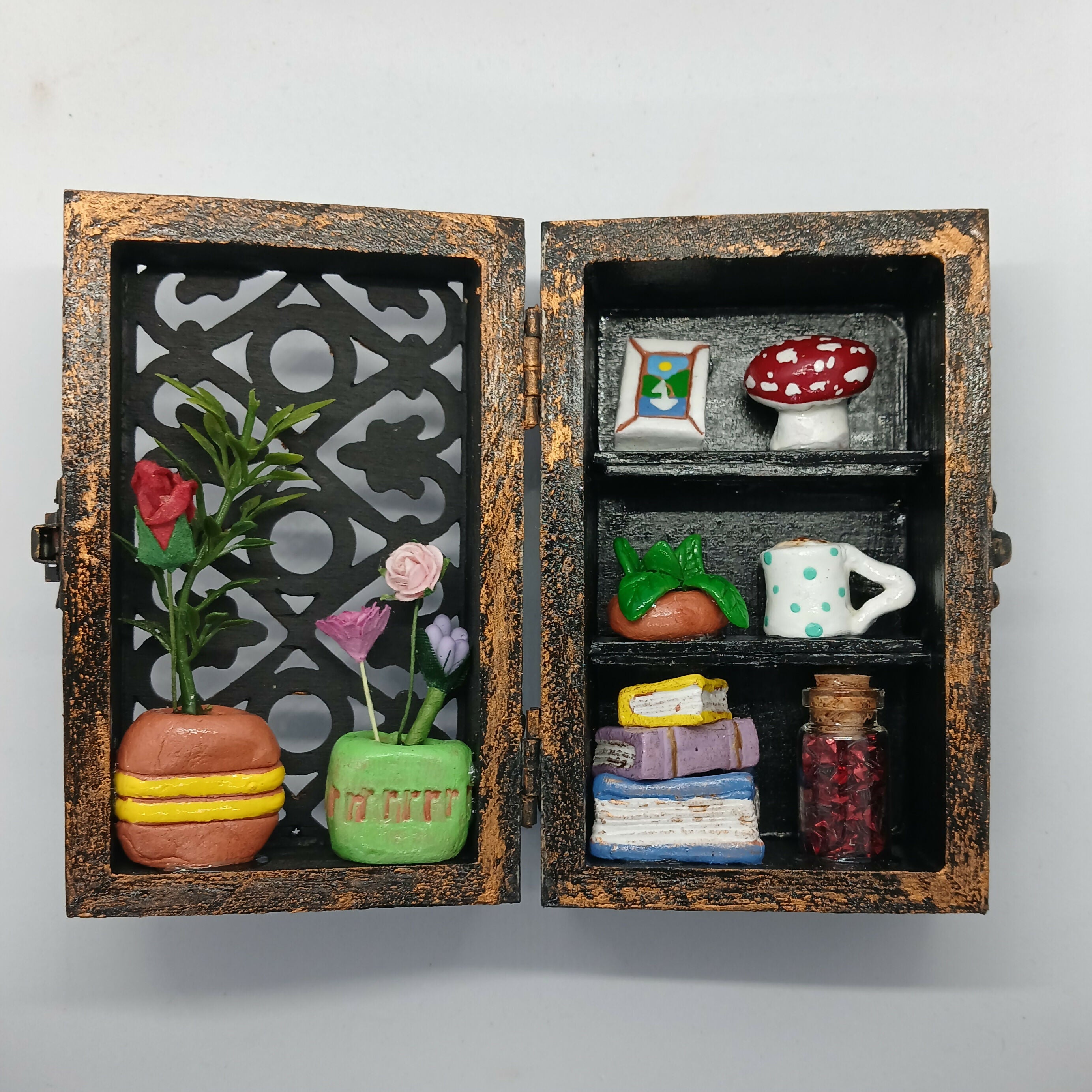 Bookcase Diorama Clay Trinket Filled Wooden Box