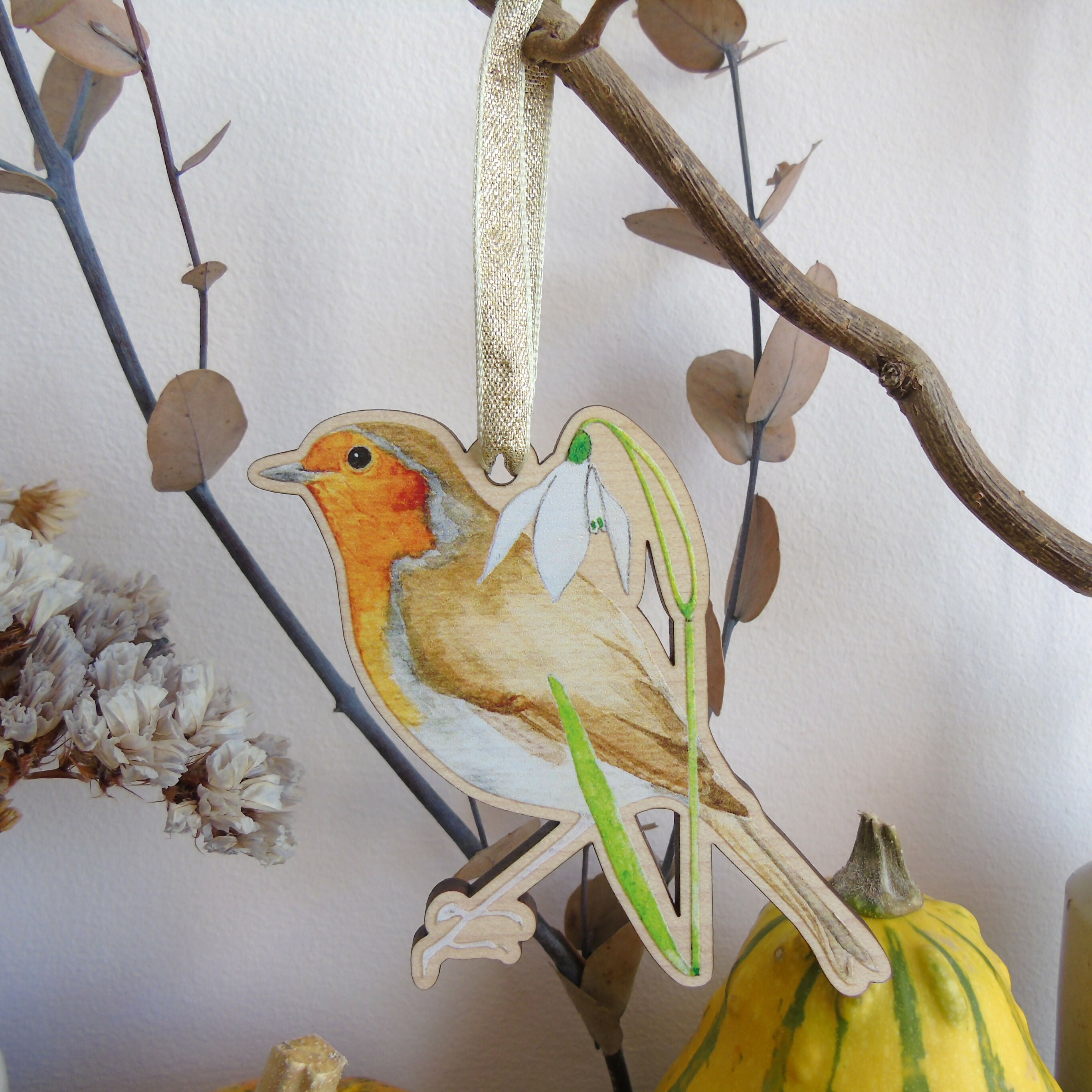 Robin and Snowdrop Hanging Wooden Decoration
